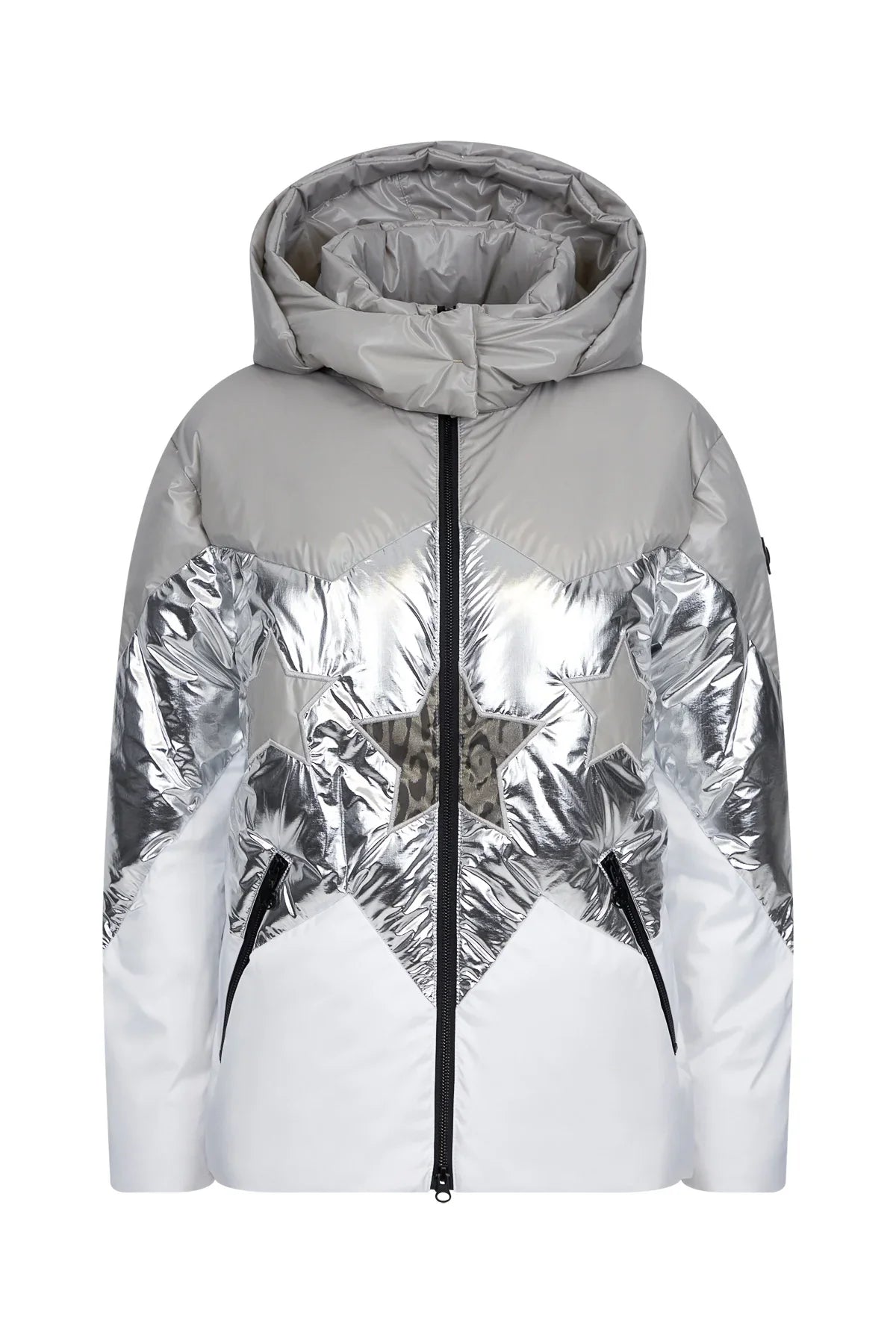 星星贴绣拼色连帽羽绒服