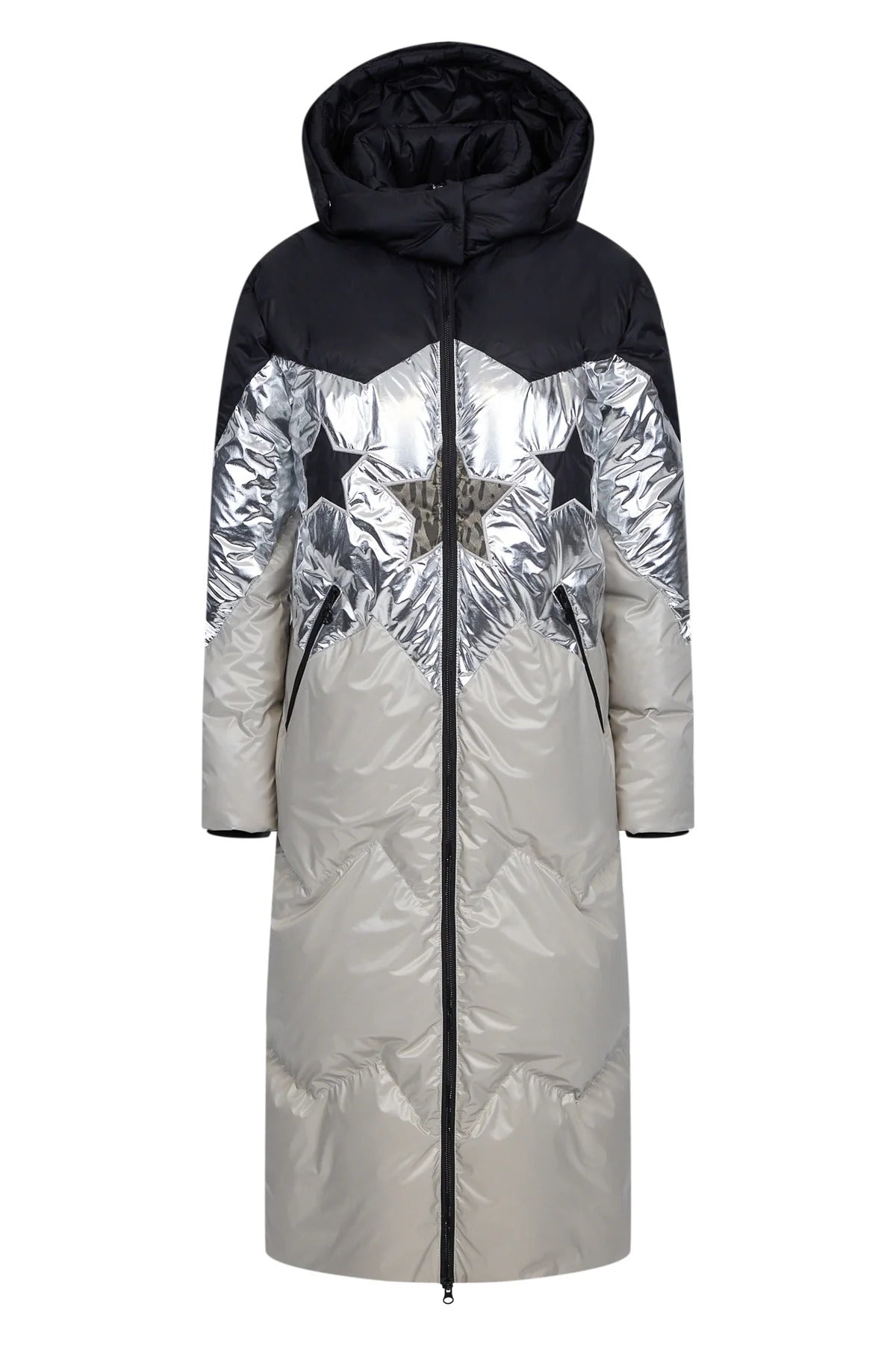 星星贴绣拼色连帽长款羽绒服