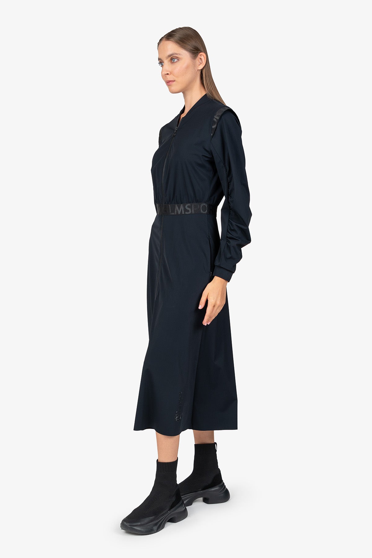 Logo鬆緊腰縮褶長袖連衣裙