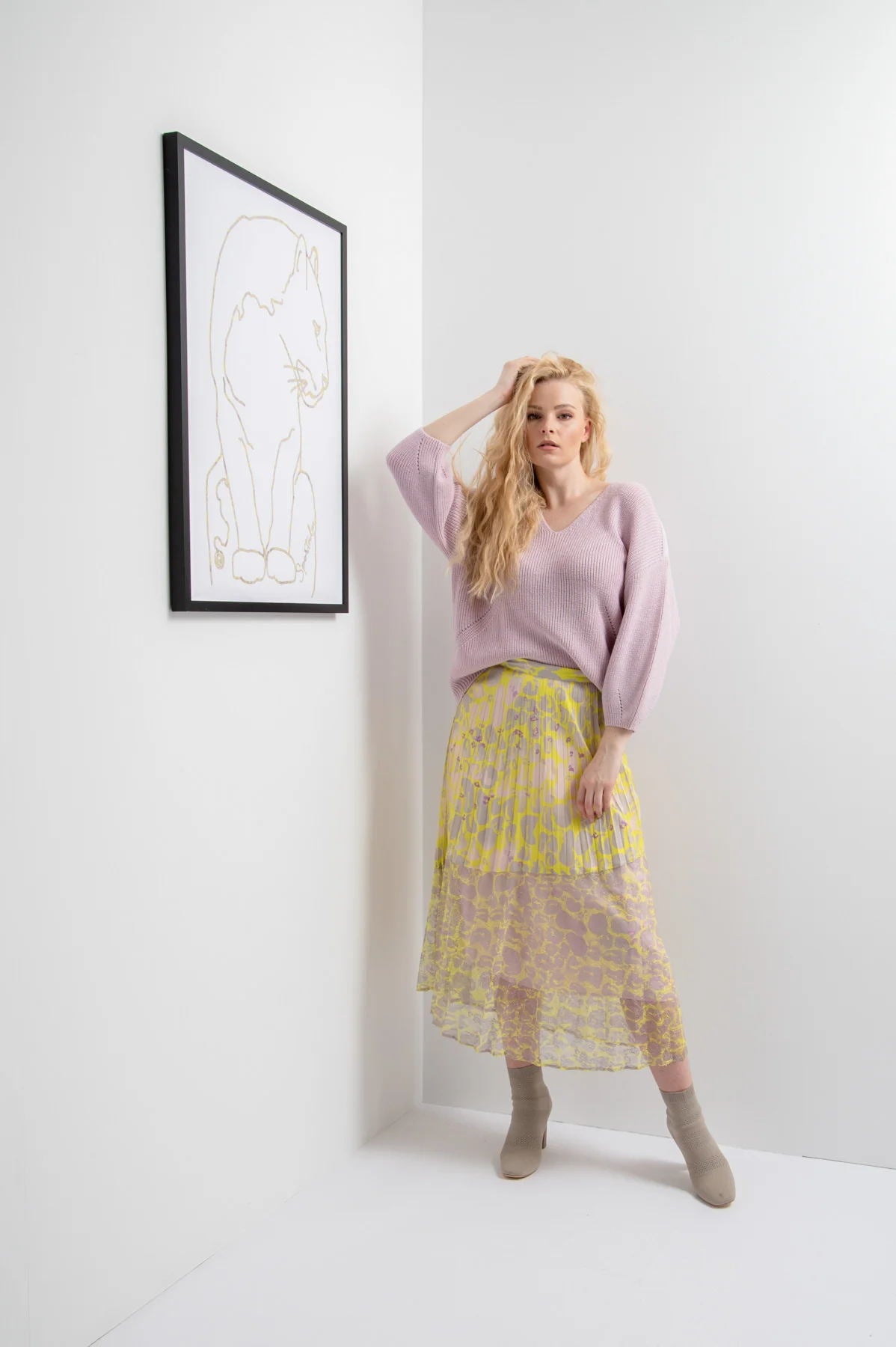 Pleated Skirt with Lace and All-Over Print