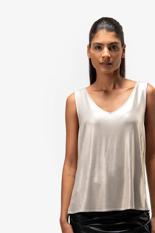 V领微闪无袖上衣