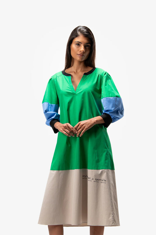 色塊拼接小V領連衣裙