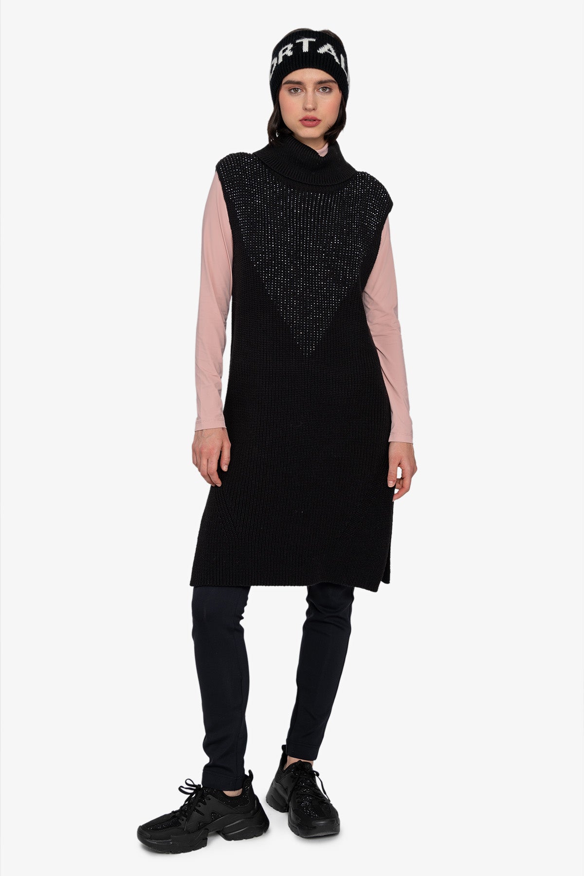 Sleeveless Long Sweater with Stand-up Collar