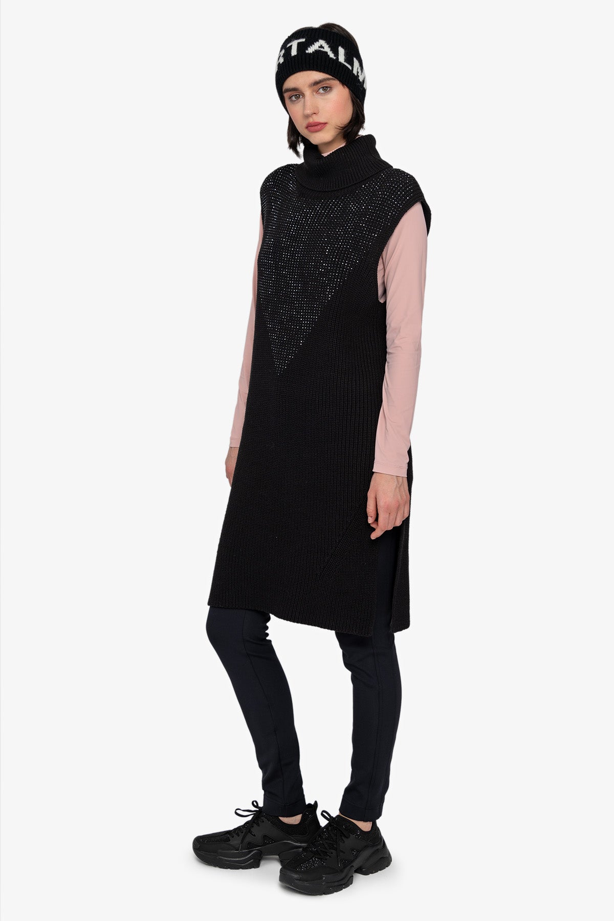 Sleeveless Long Sweater with Stand-up Collar