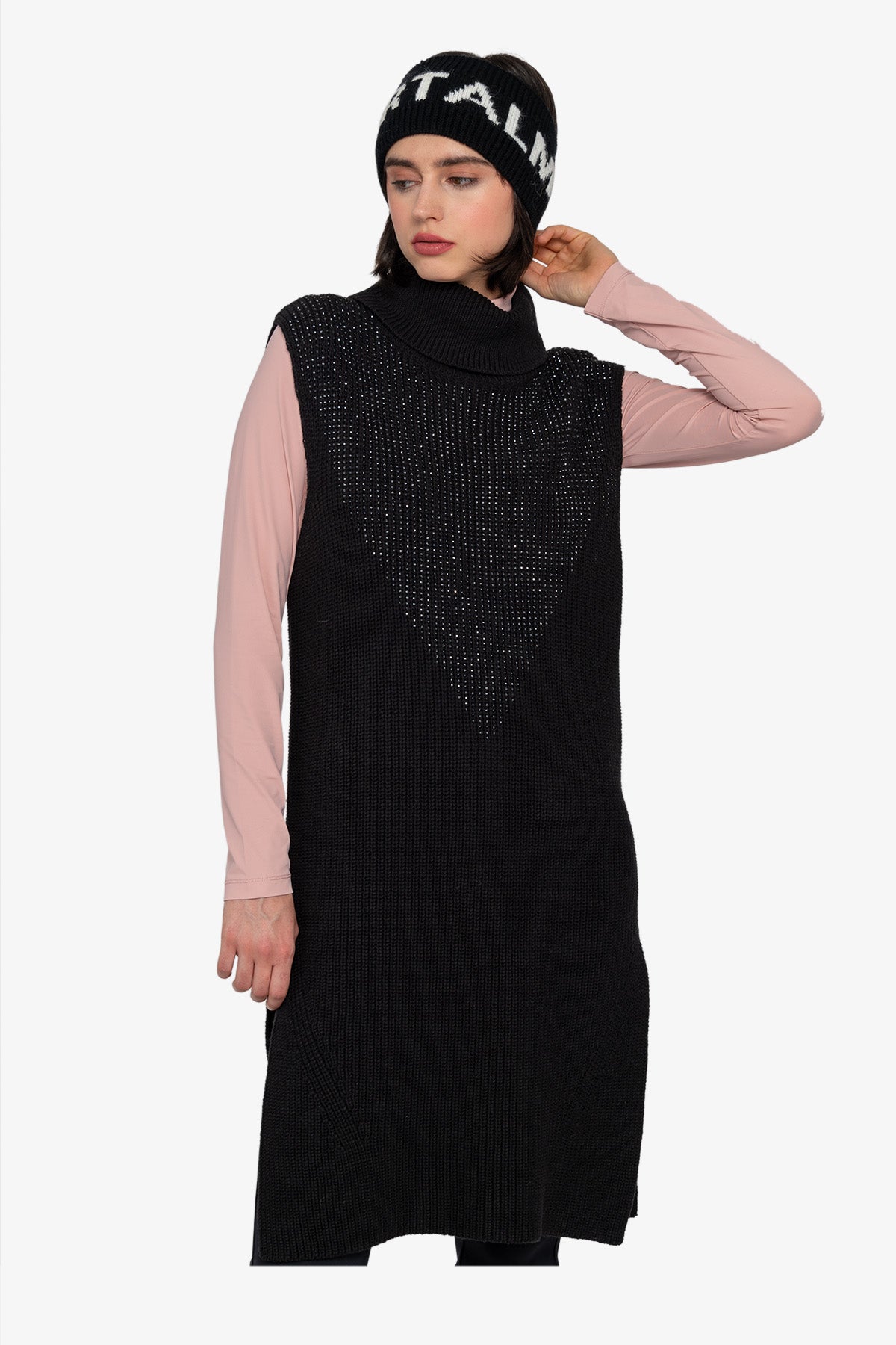 Sleeveless Long Sweater with Stand-up Collar