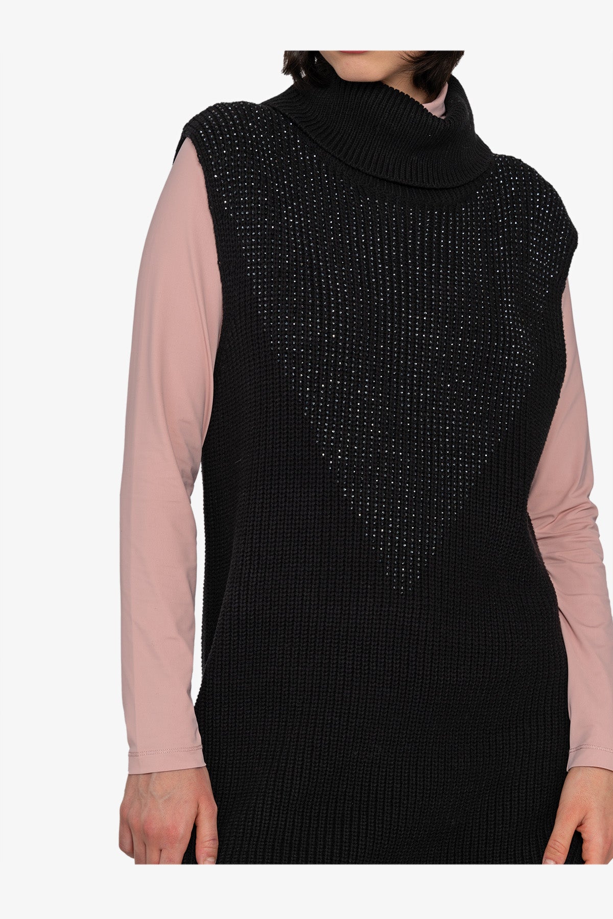 Sleeveless Long Sweater with Stand-up Collar