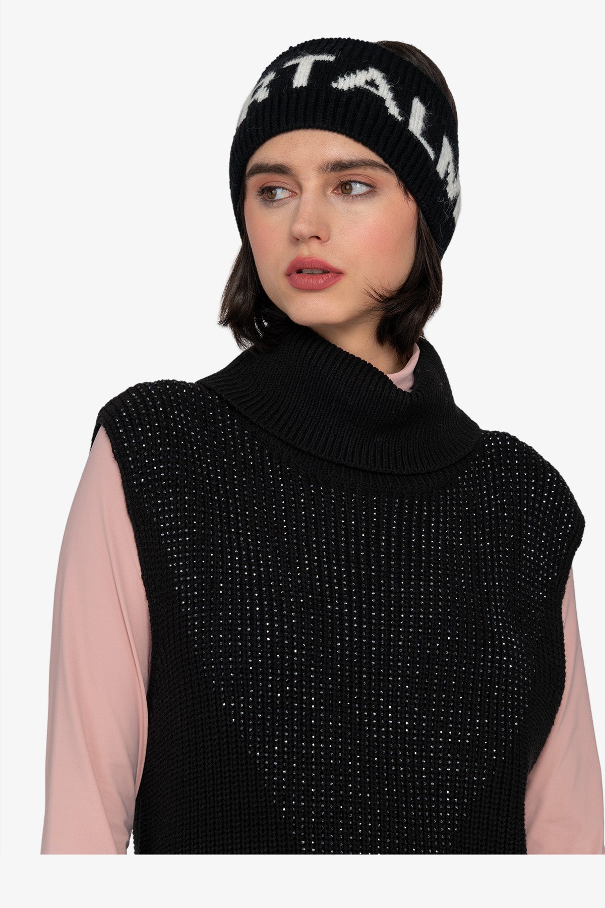 Sleeveless Long Sweater with Stand-up Collar