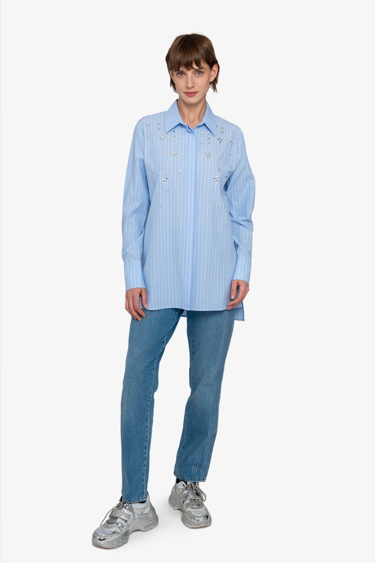 水钻装饰条纹衬衫