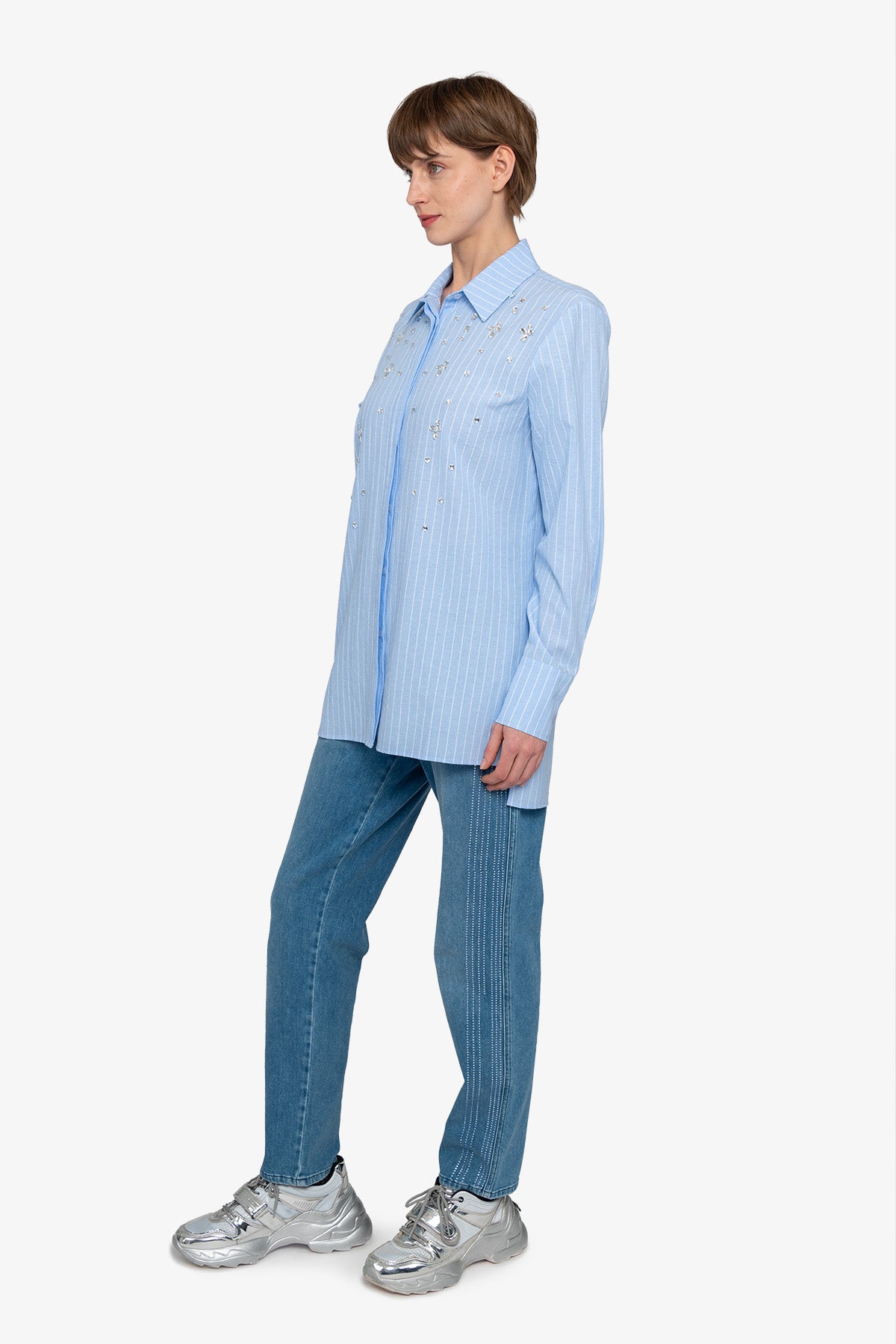 水钻装饰条纹衬衫