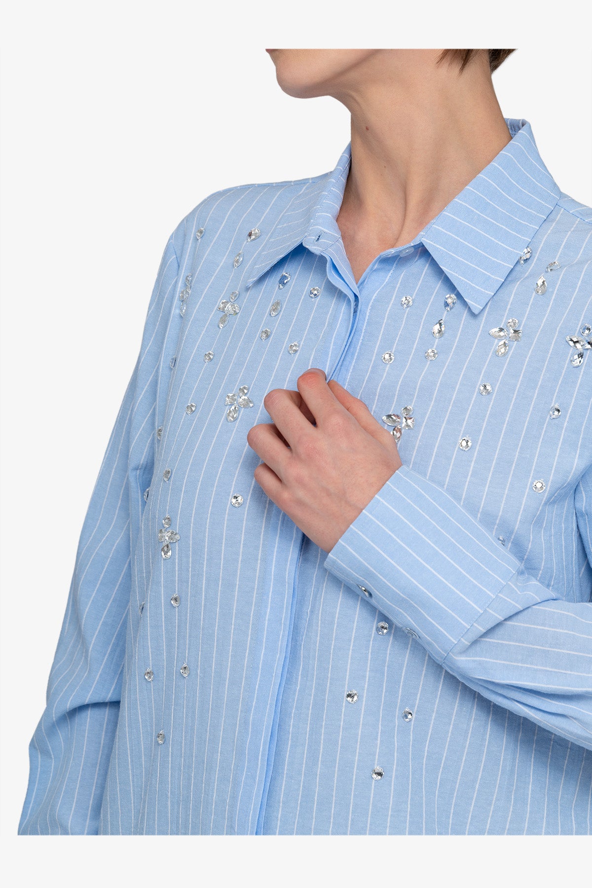 水钻装饰条纹衬衫