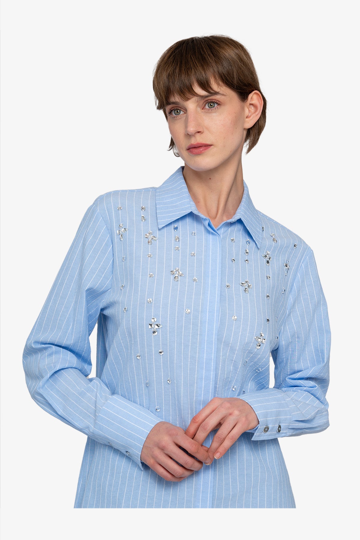 水钻装饰条纹衬衫