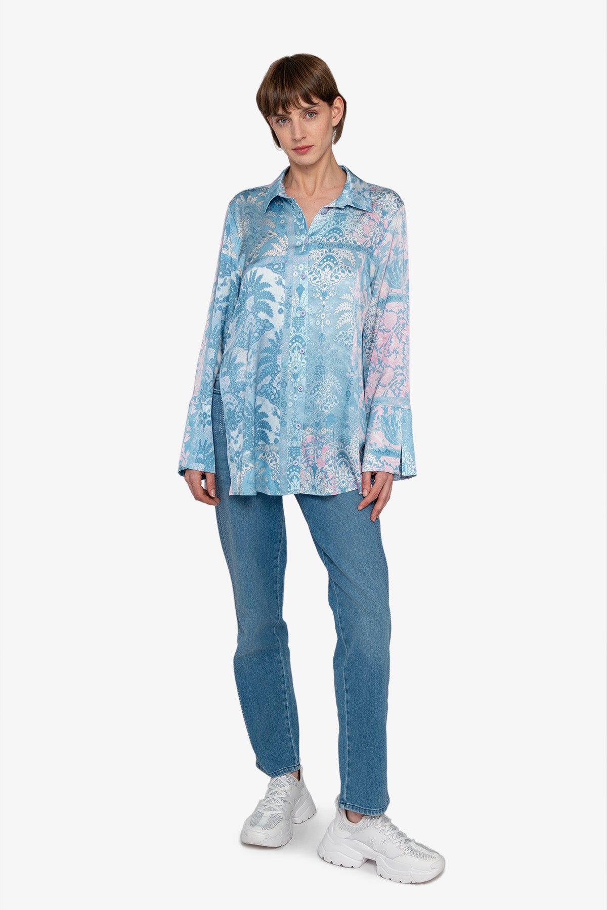 混合印花长袖衬衣