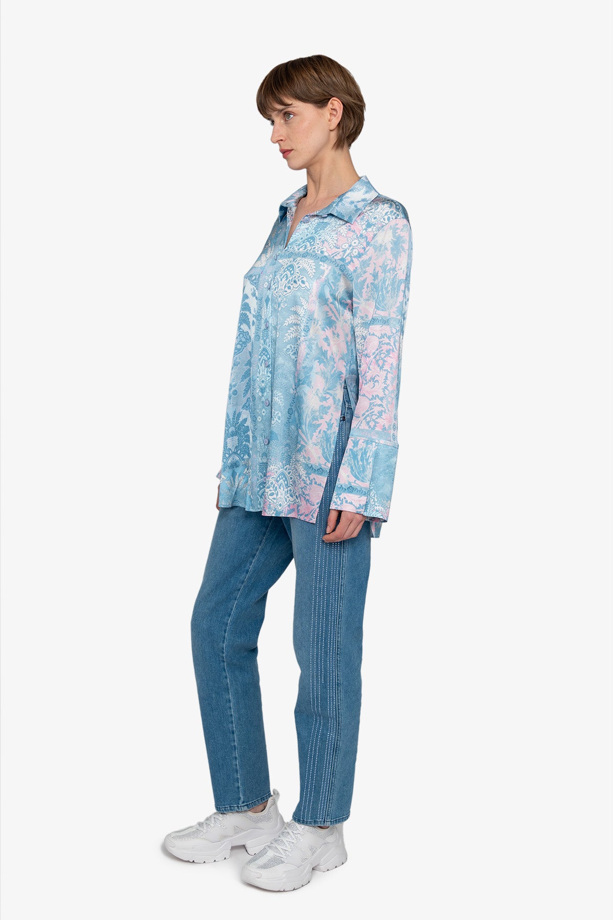 混合印花长袖衬衣