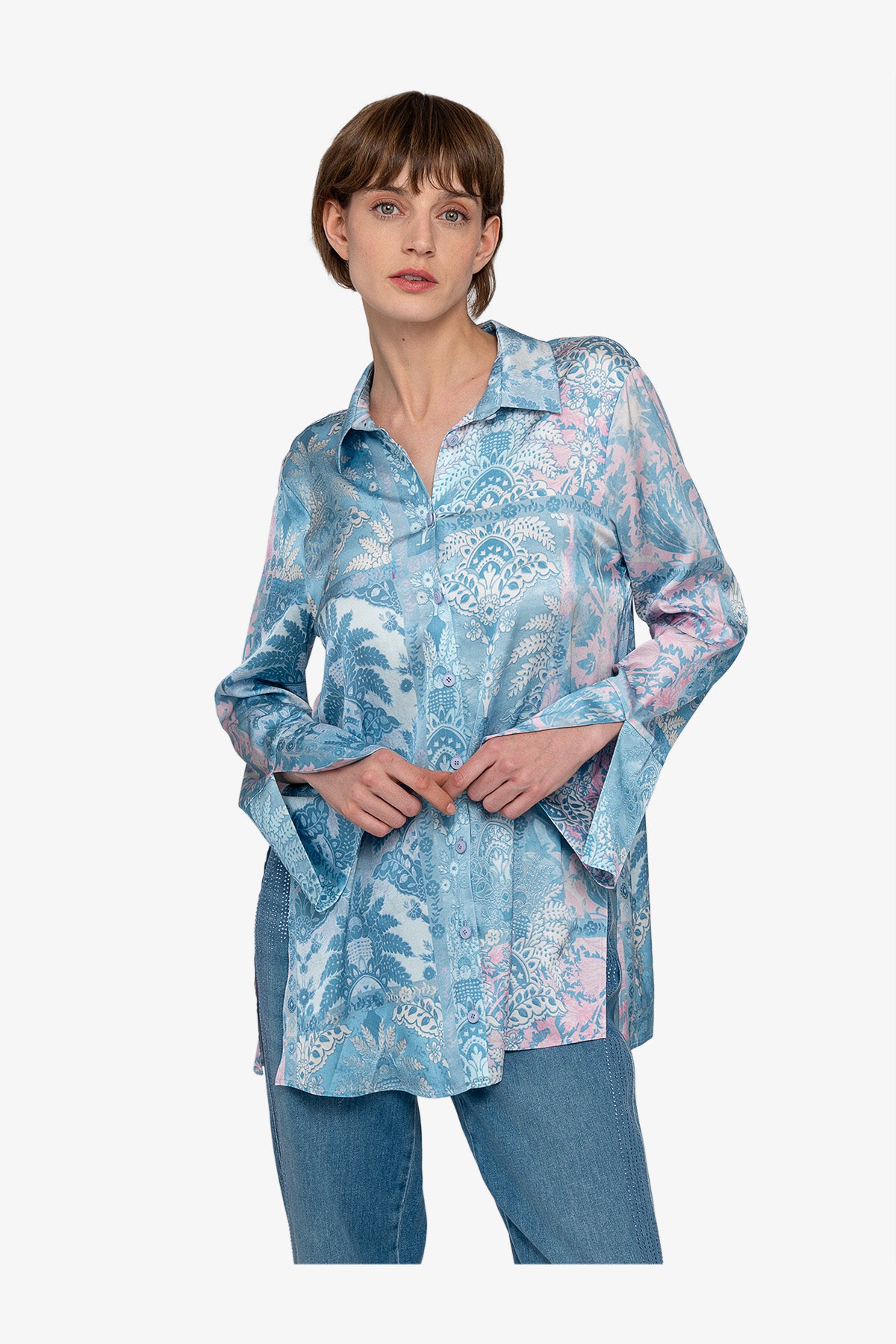 混合印花长袖衬衣