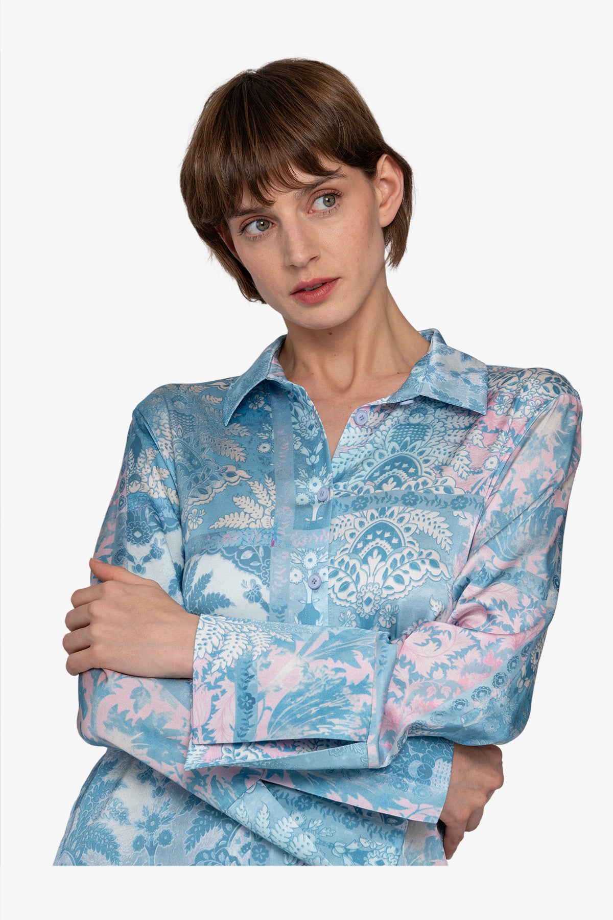 混合印花长袖衬衣