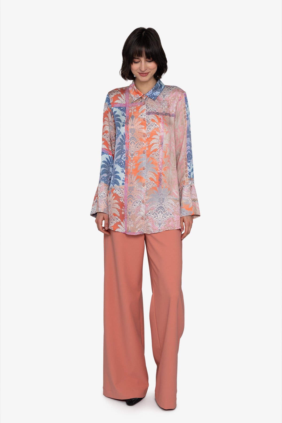 混合印花长袖衬衣