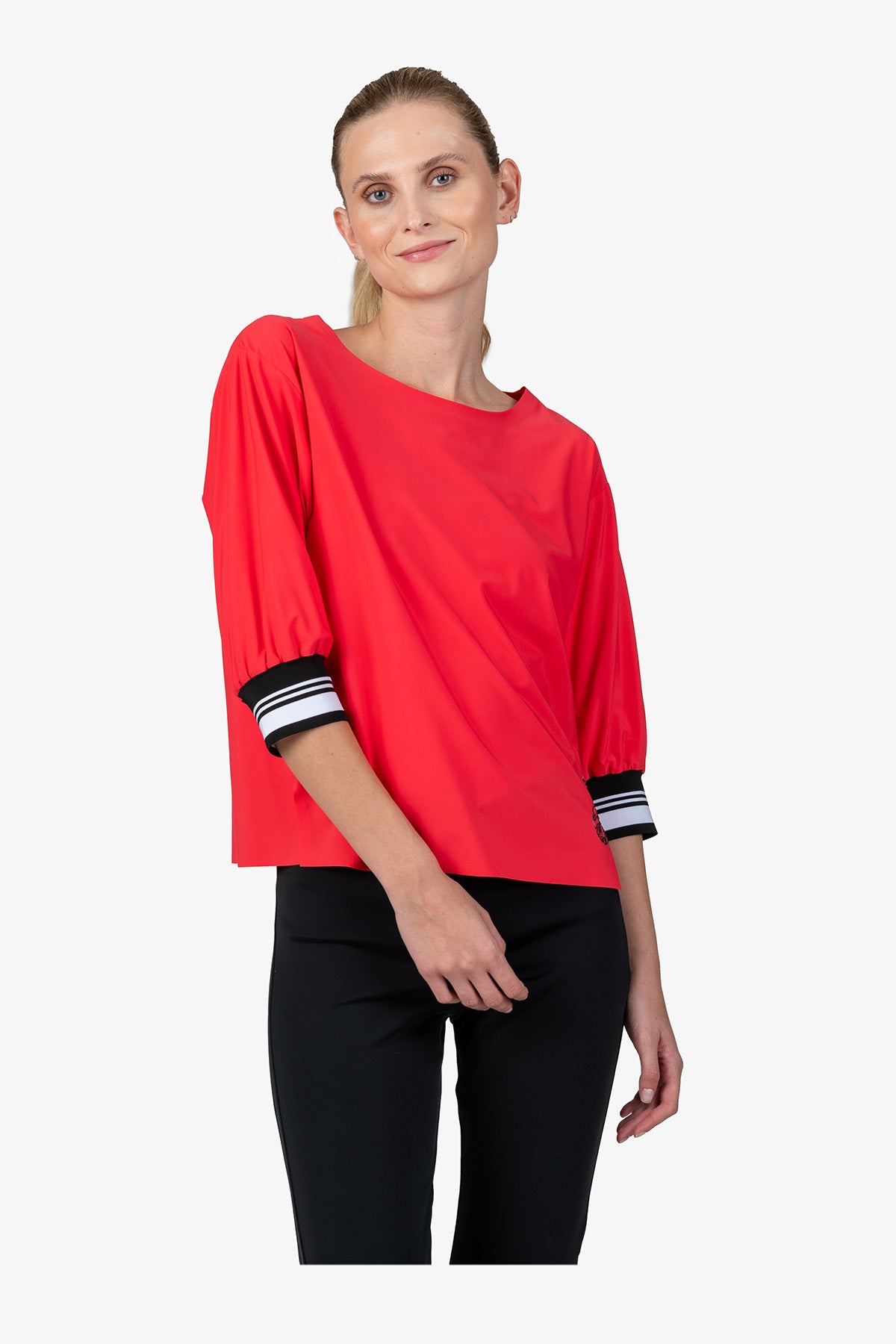 落肩袖條紋袖口圓領上衣