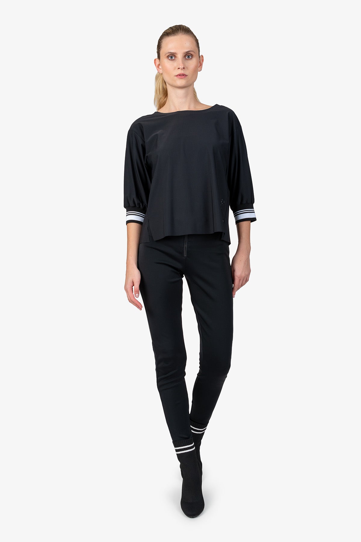 落肩袖條紋袖口圓領上衣