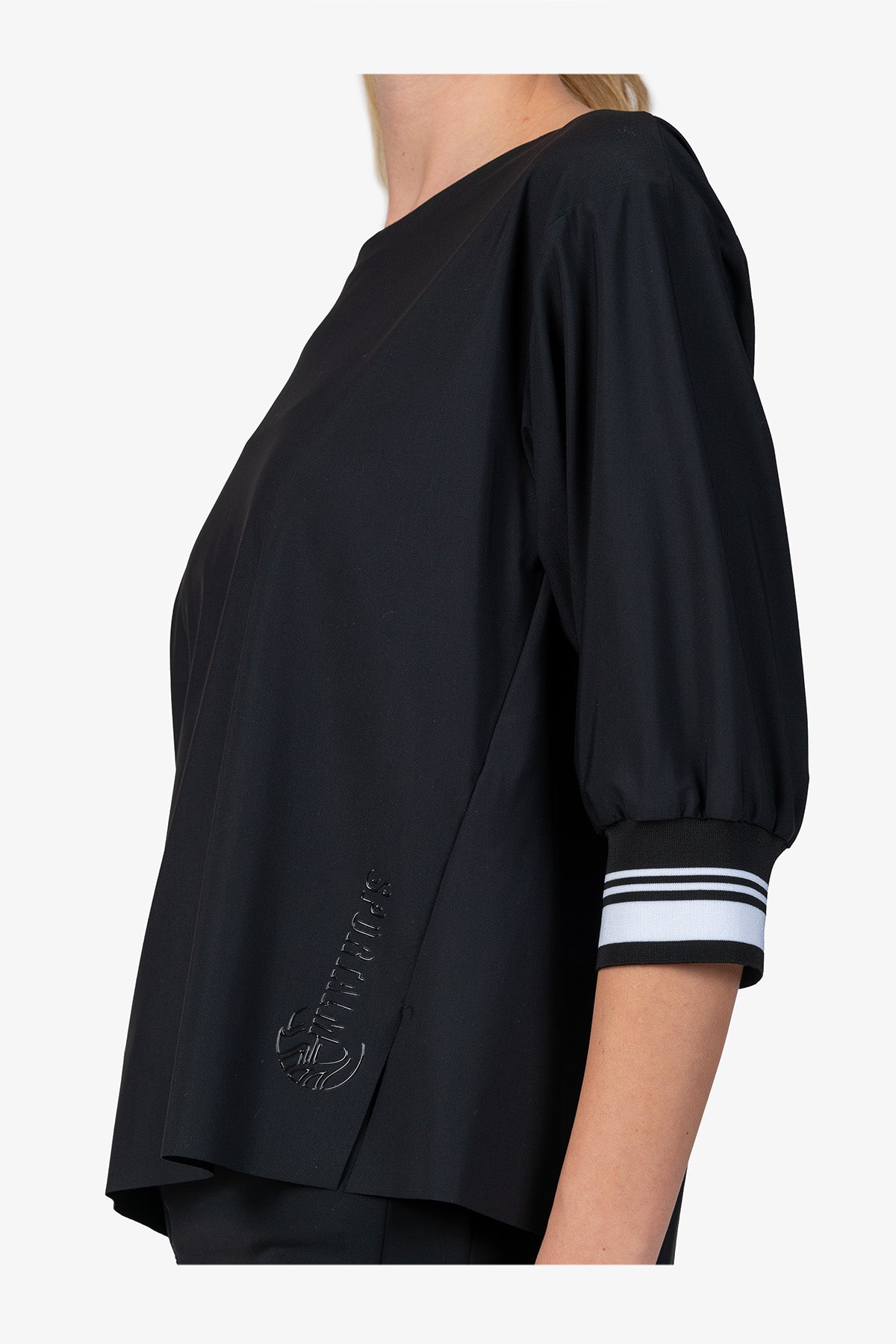 落肩袖條紋袖口圓領上衣