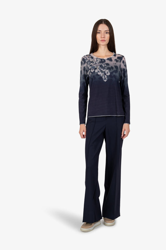 漸變色豹紋圖案圓領長袖T恤