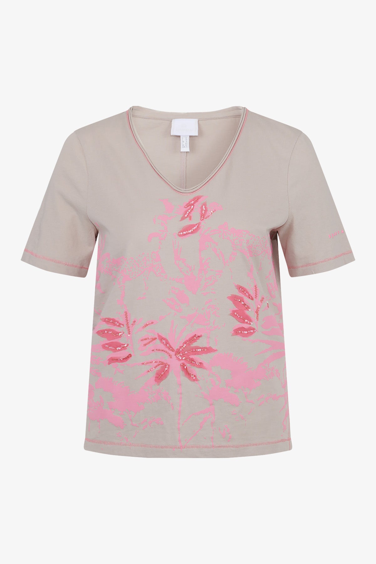 贴布绣+亮片装饰丛林印花V领短袖T恤