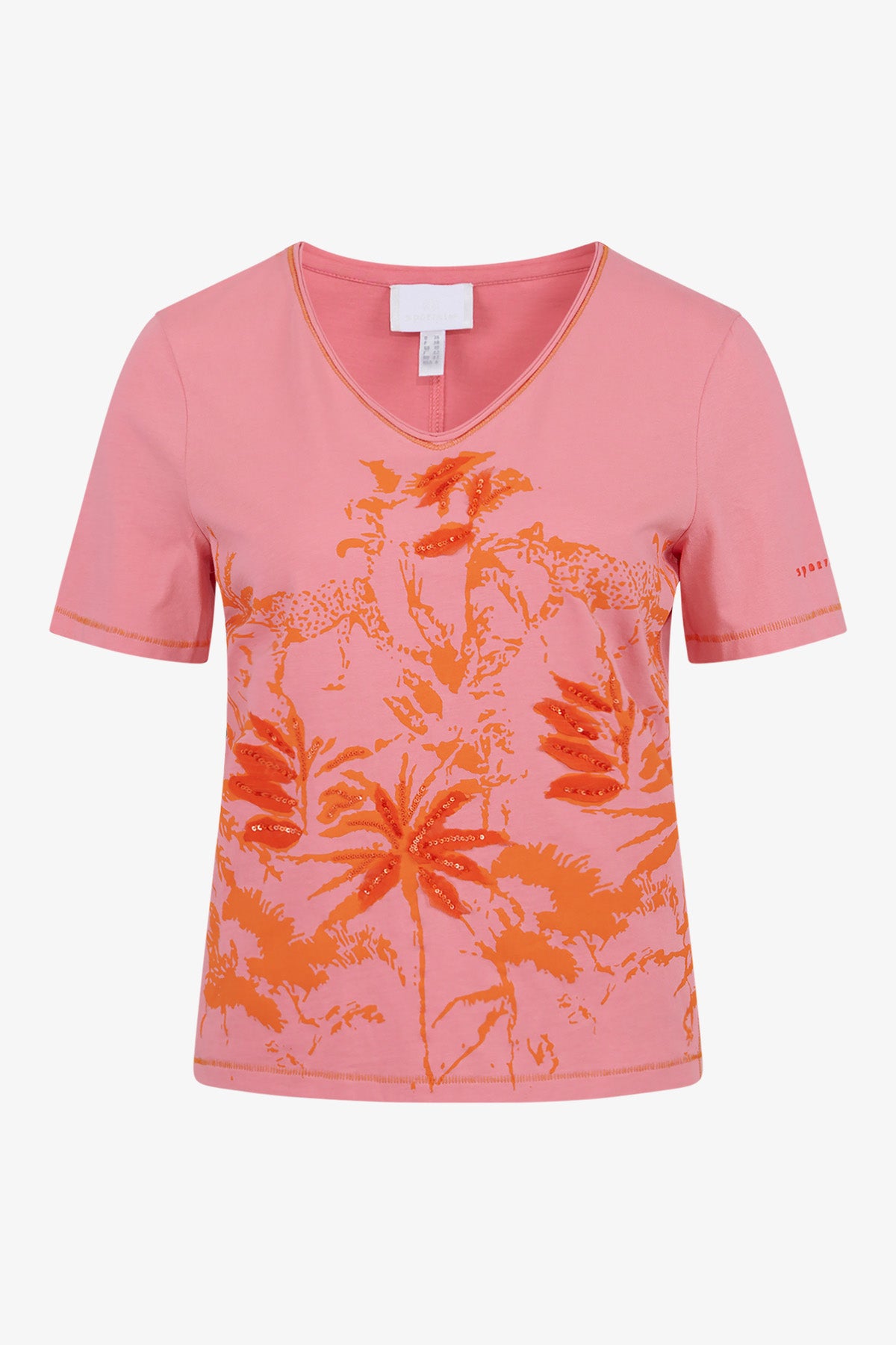 贴布绣+亮片装饰丛林印花V领短袖T恤