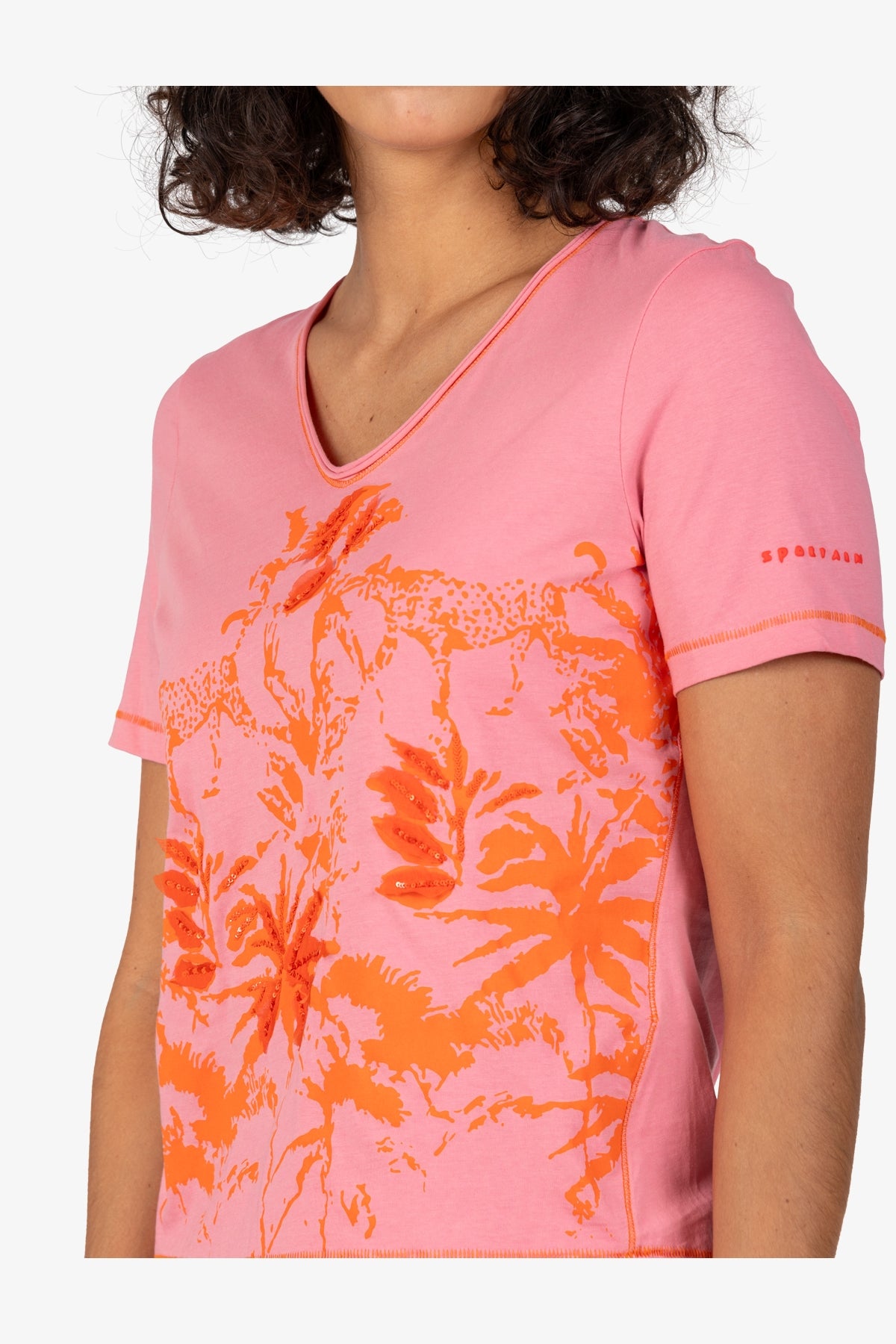 贴布绣+亮片装饰丛林印花V领短袖T恤