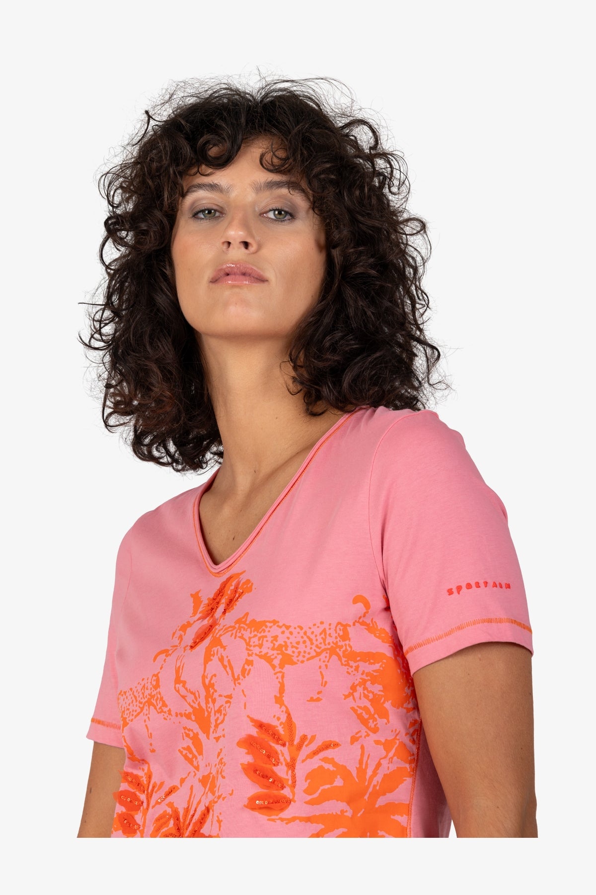 贴布绣+亮片装饰丛林印花V领短袖T恤