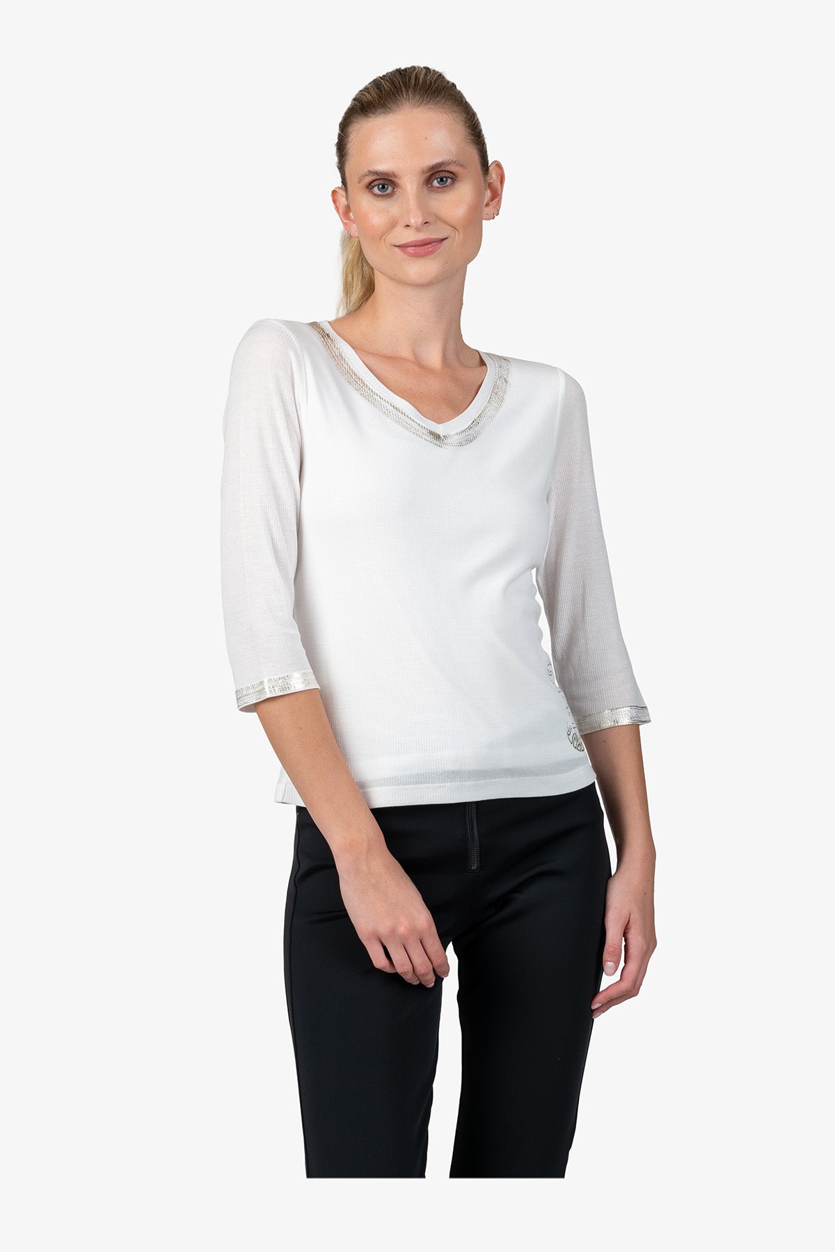 金屬色飾邊V領T恤