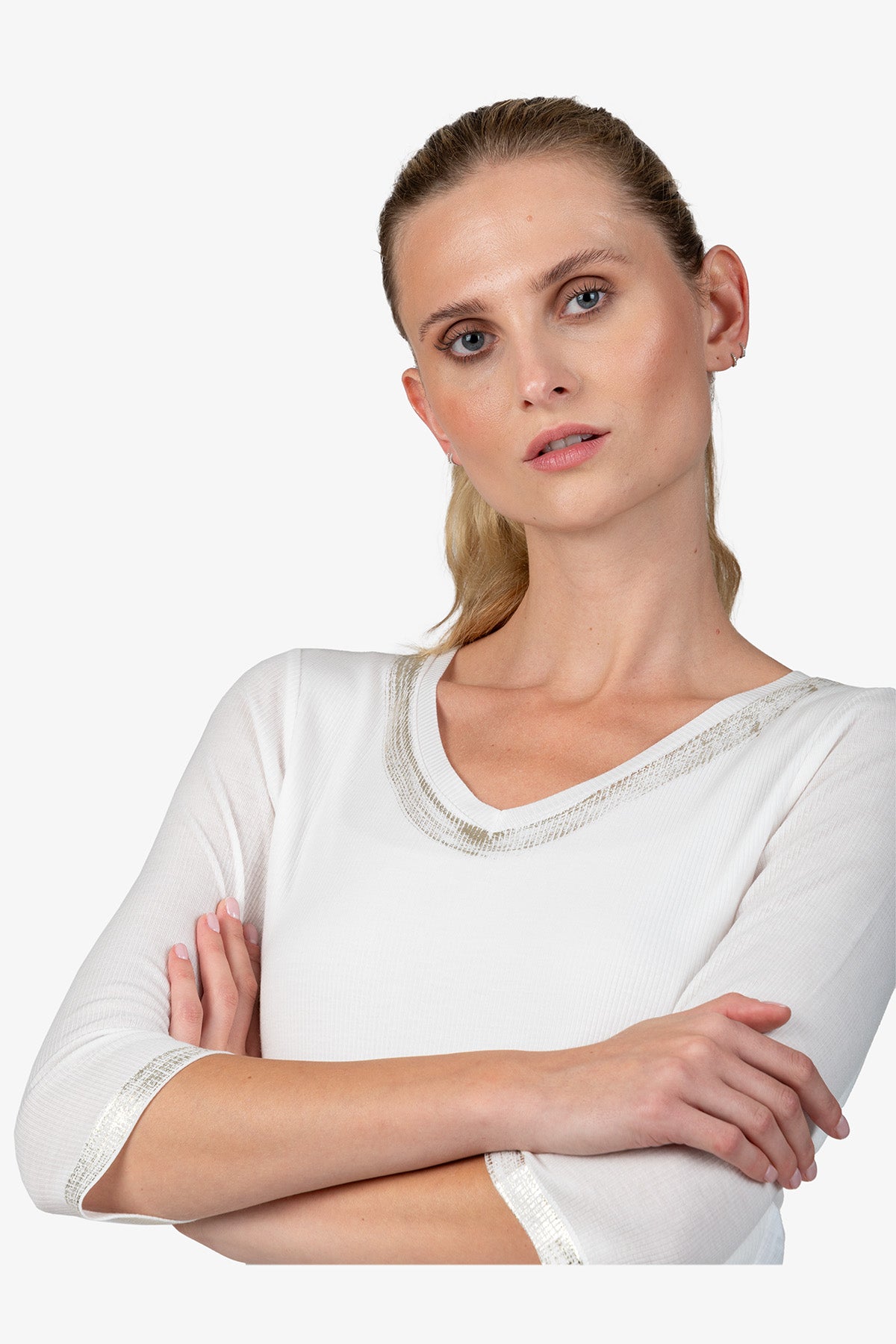 金屬色飾邊V領T恤