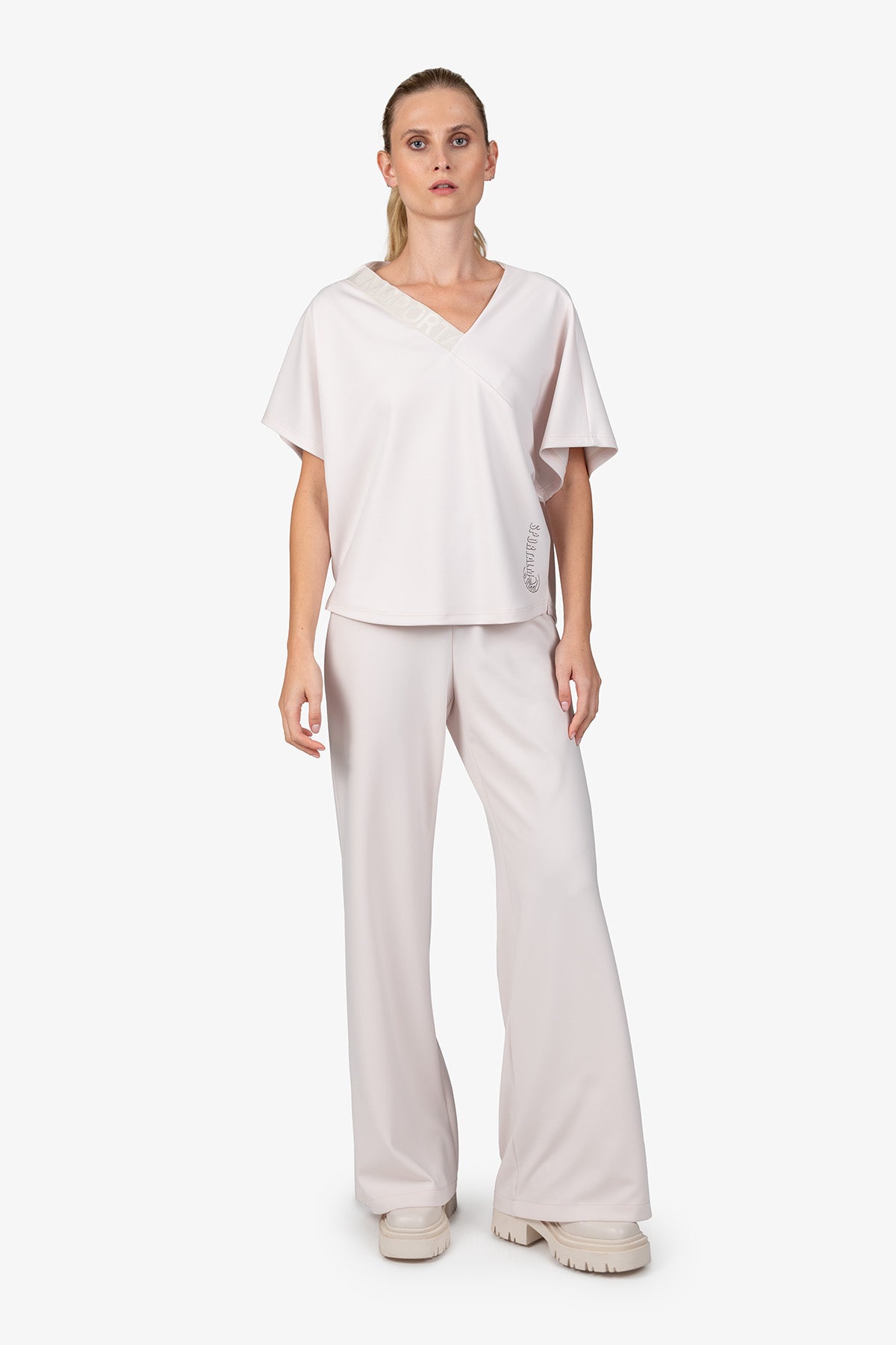 不對稱鬆緊帶V領短袖上衣