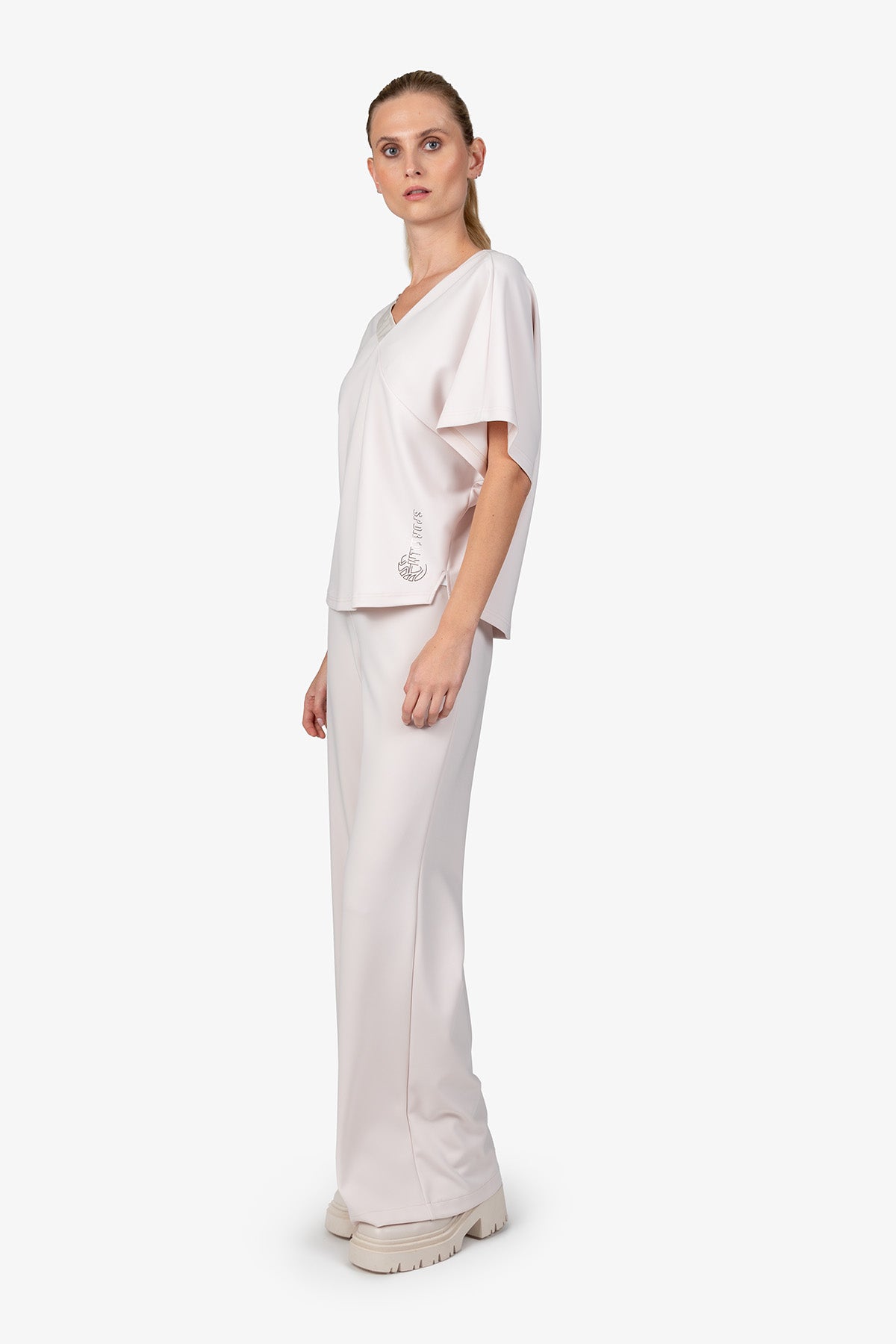 不對稱鬆緊帶V領短袖上衣