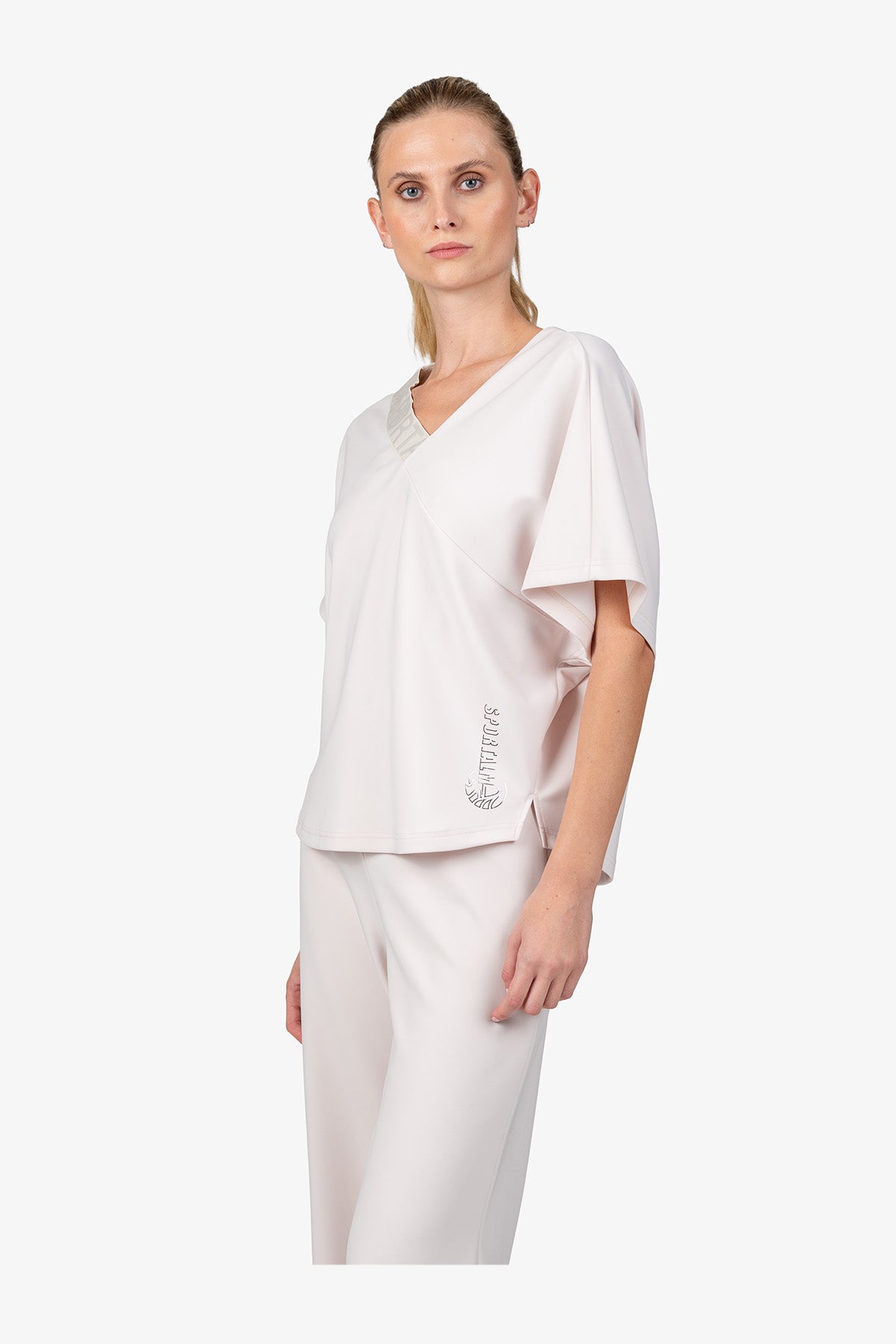 不對稱鬆緊帶V領短袖上衣