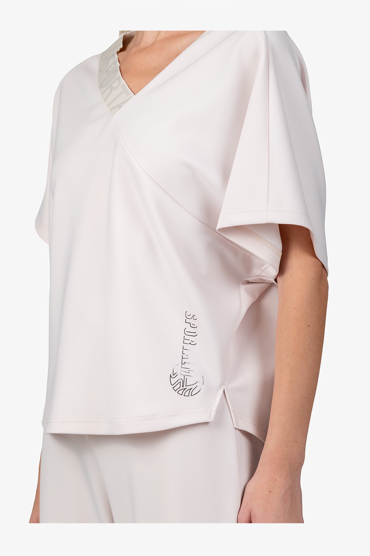 不對稱鬆緊帶V領短袖上衣