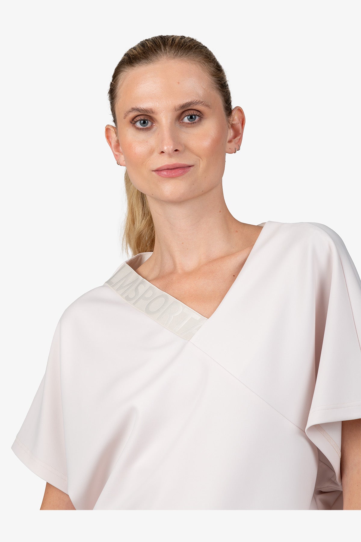 不對稱鬆緊帶V領短袖上衣