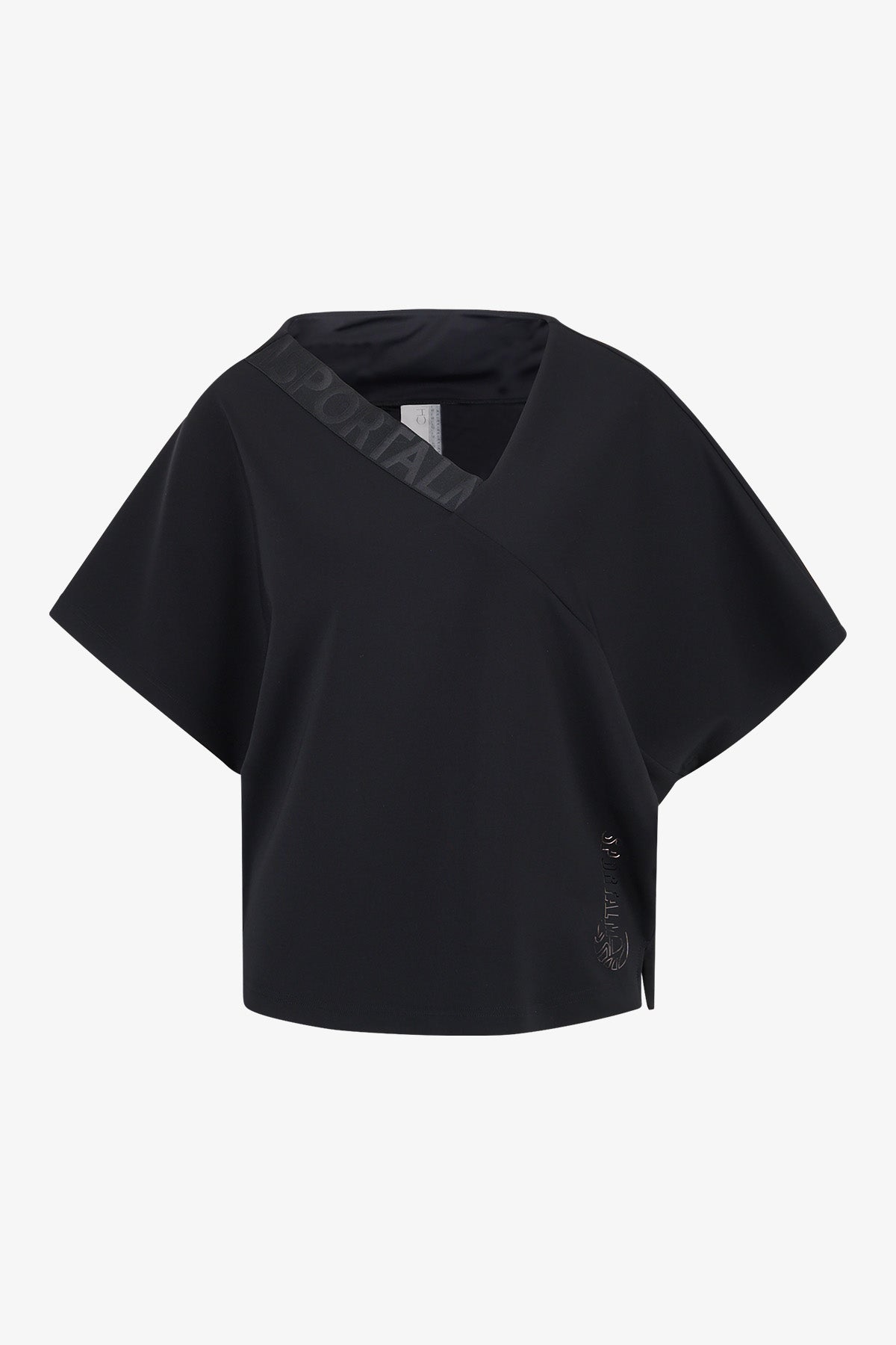 不對稱鬆緊帶V領短袖上衣