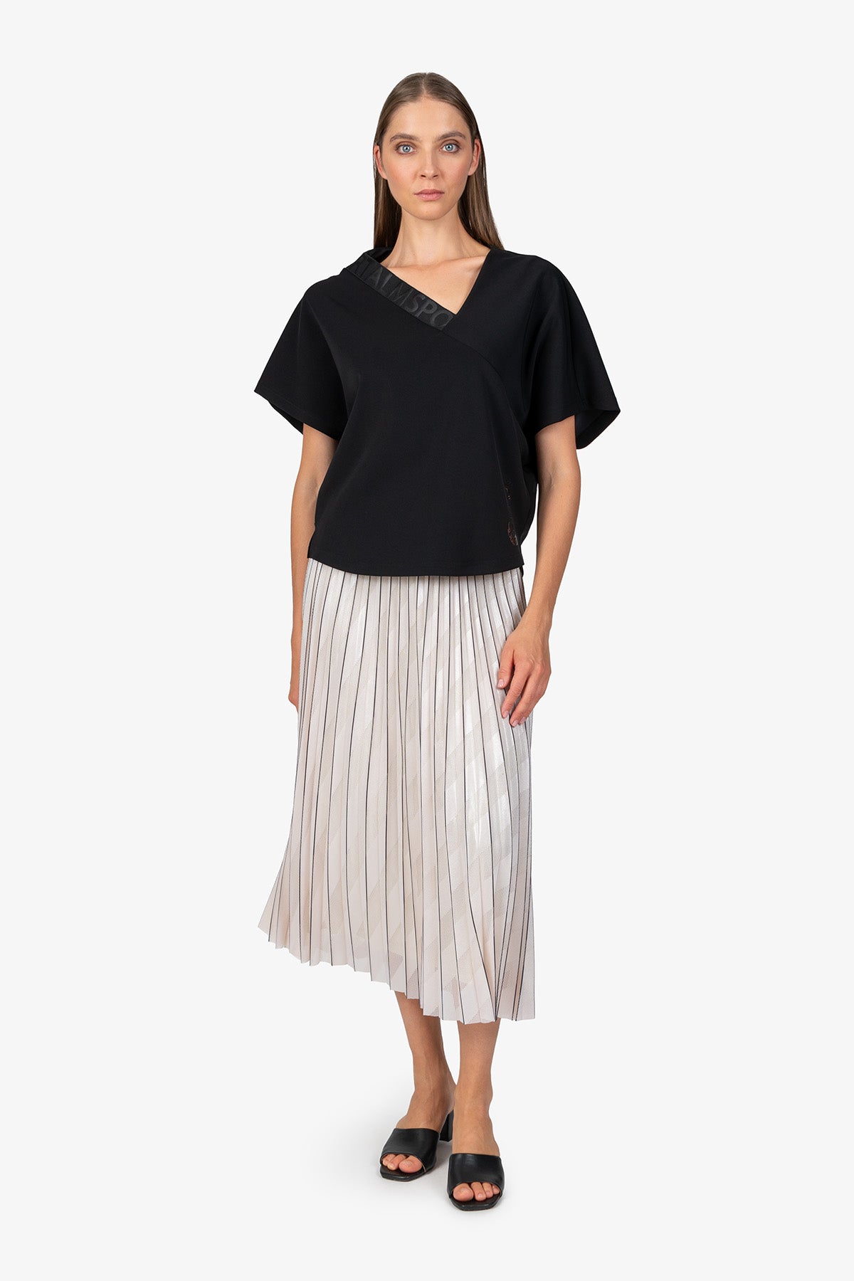 不對稱鬆緊帶V領短袖上衣