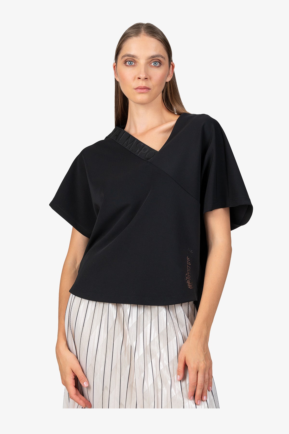 不對稱鬆緊帶V領短袖上衣