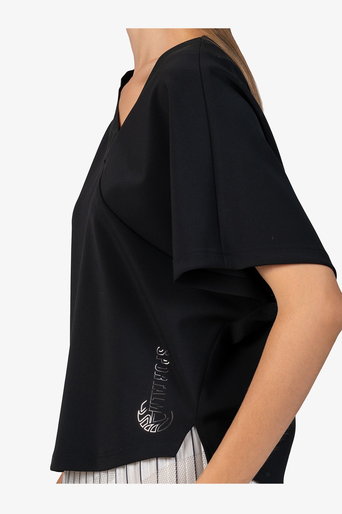 不對稱鬆緊帶V領短袖上衣