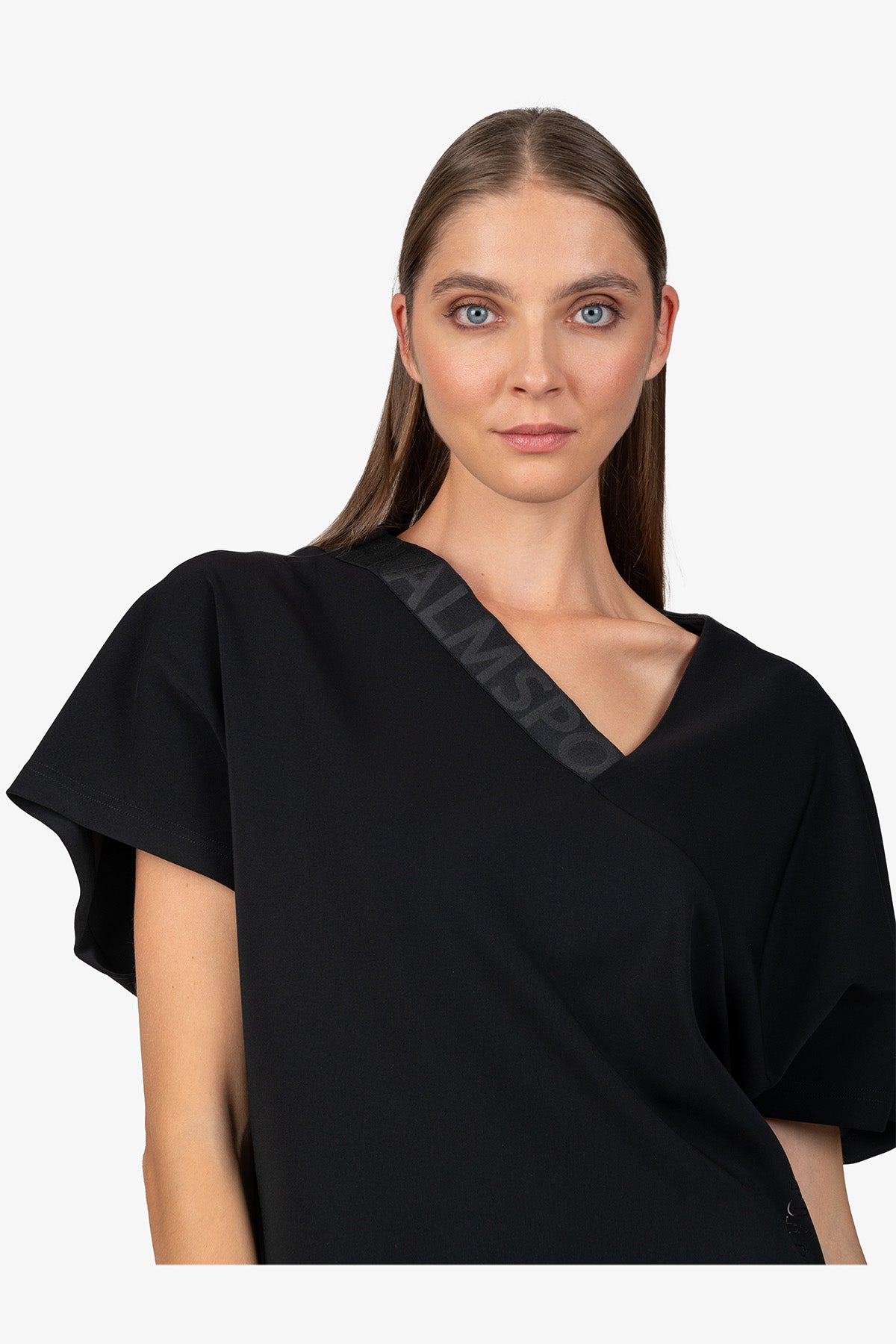 不對稱鬆緊帶V領短袖上衣