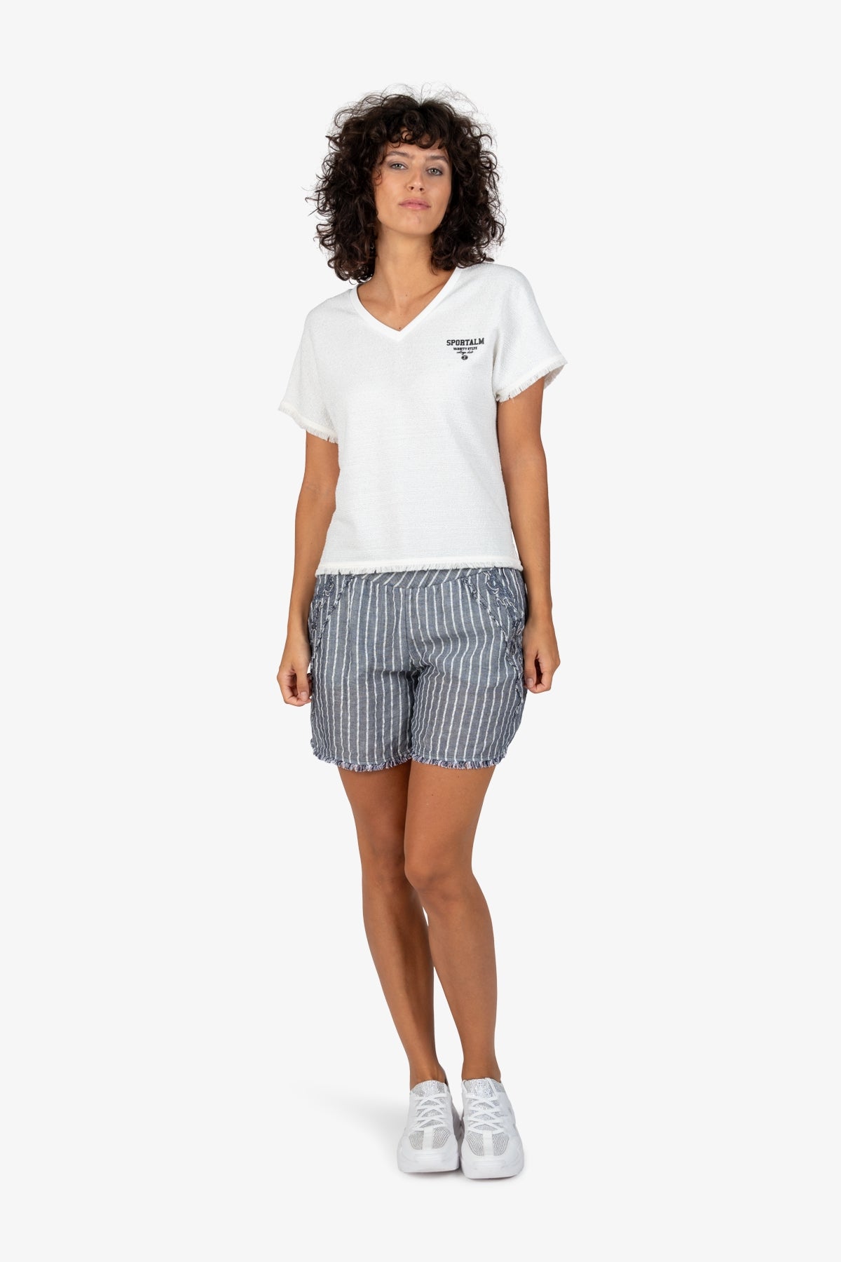 流蘇飾邊V領短袖T恤