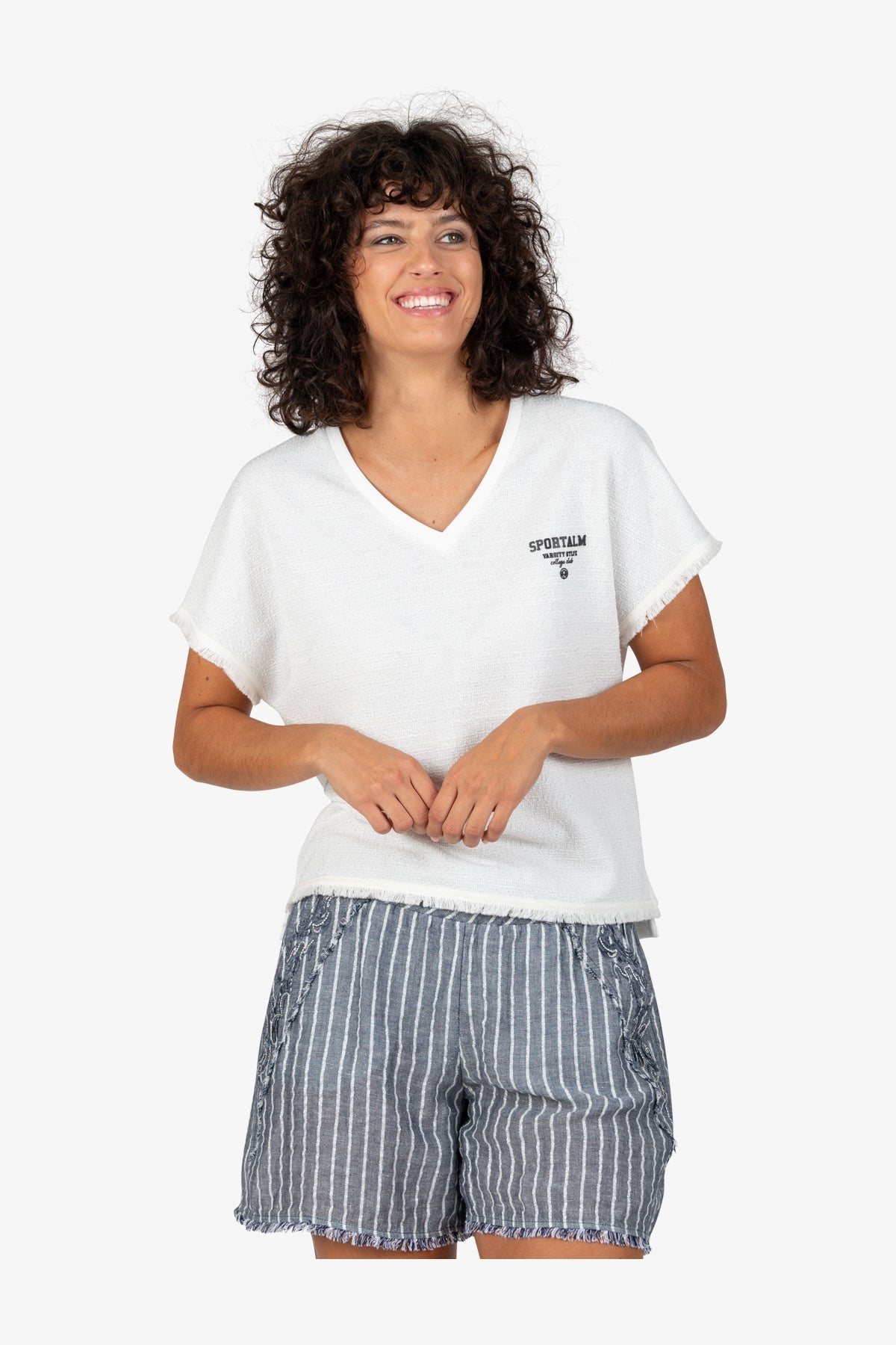 流蘇飾邊V領短袖T恤