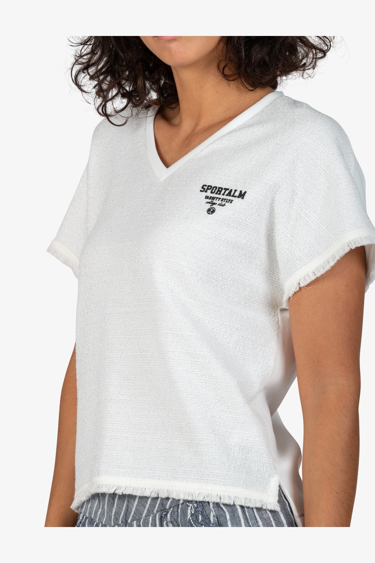 流蘇飾邊V領短袖T恤