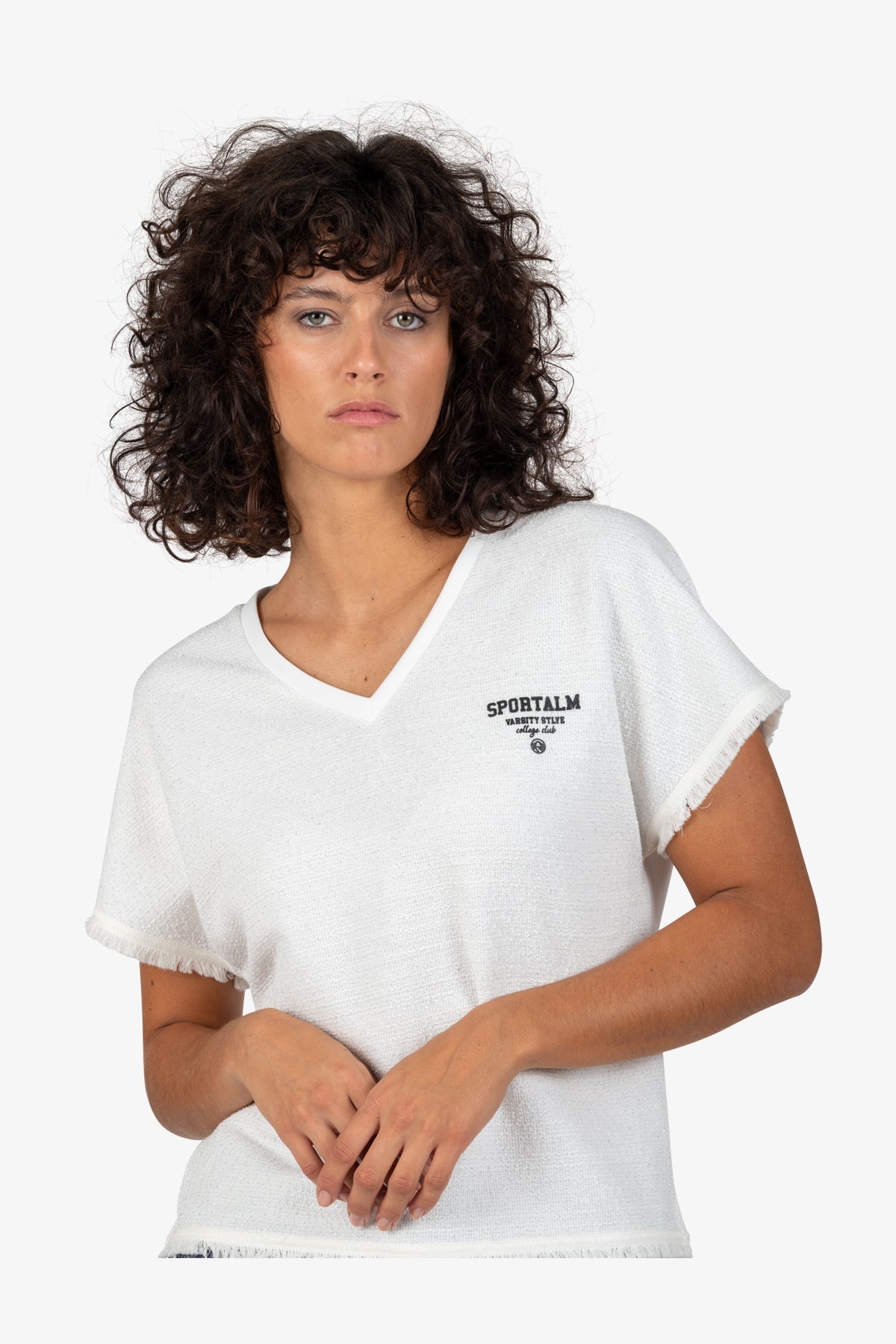 流蘇飾邊V領短袖T恤