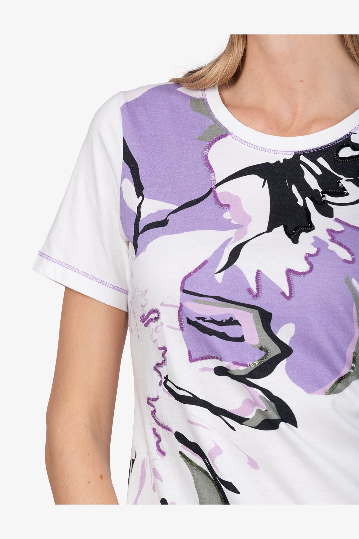 亮片珠飾花朵圖案T恤