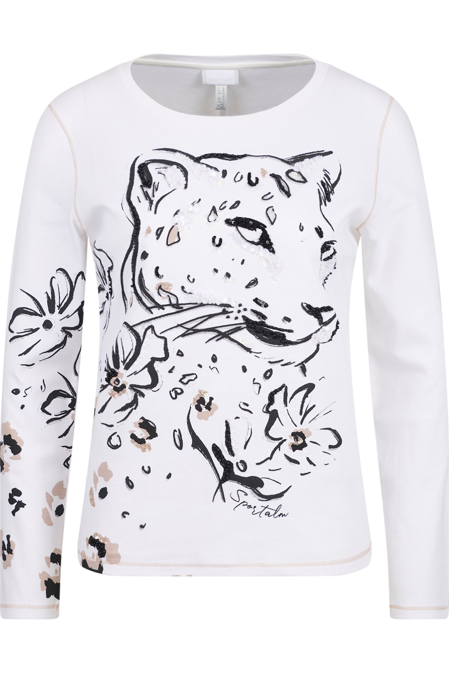 亮片裝飾豹子印花圓領T恤