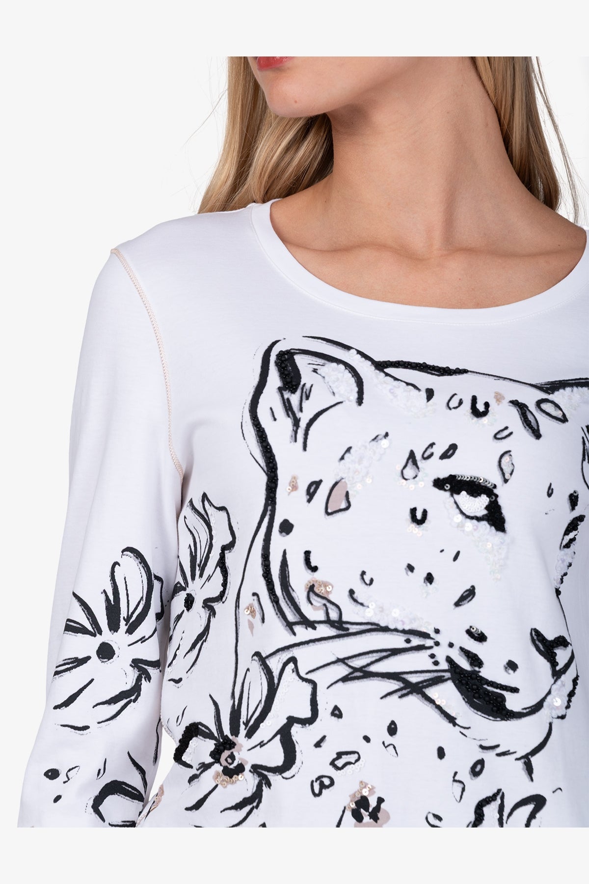 亮片裝飾豹子印花圓領T恤