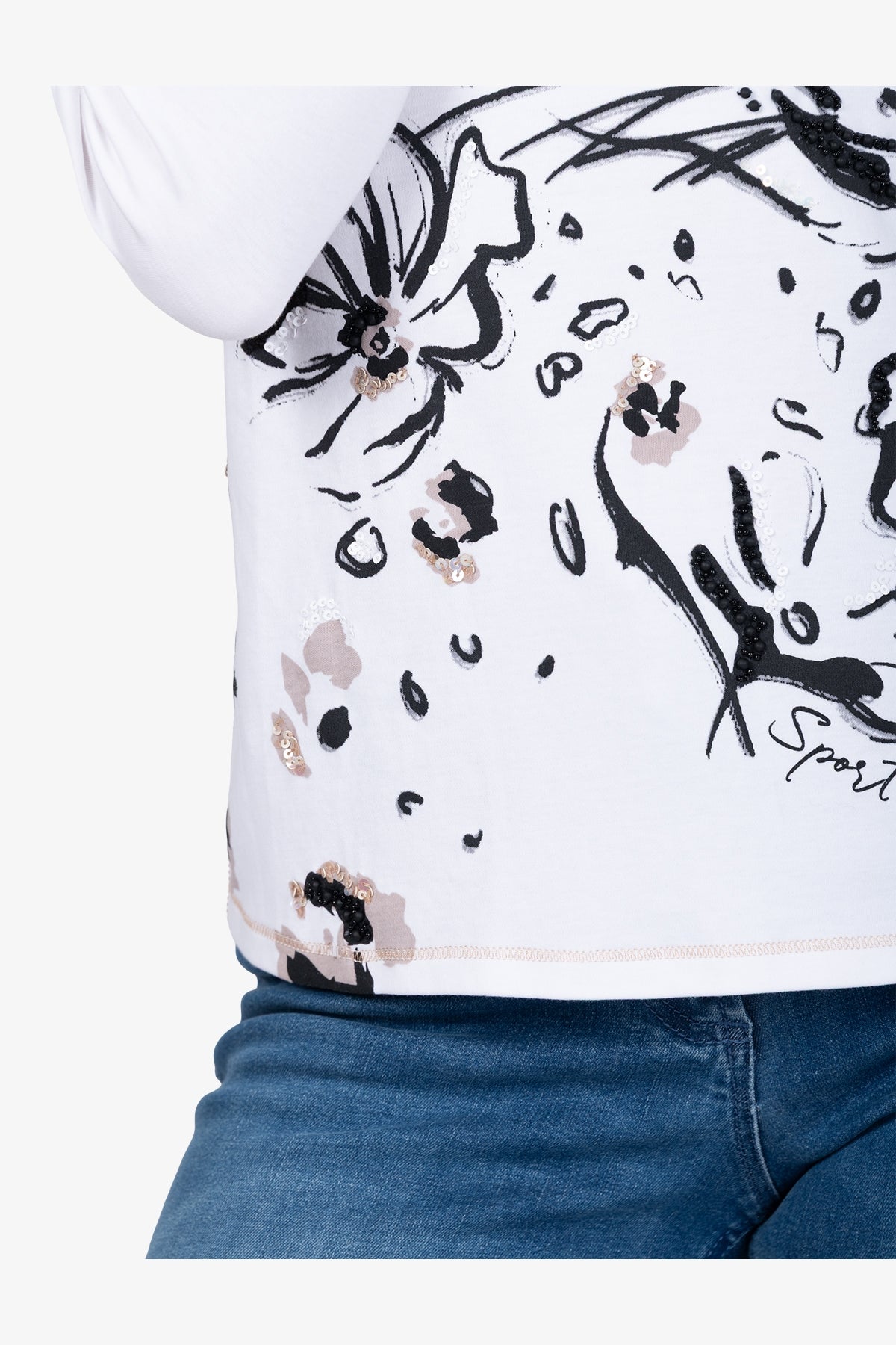 亮片裝飾豹子印花圓領T恤