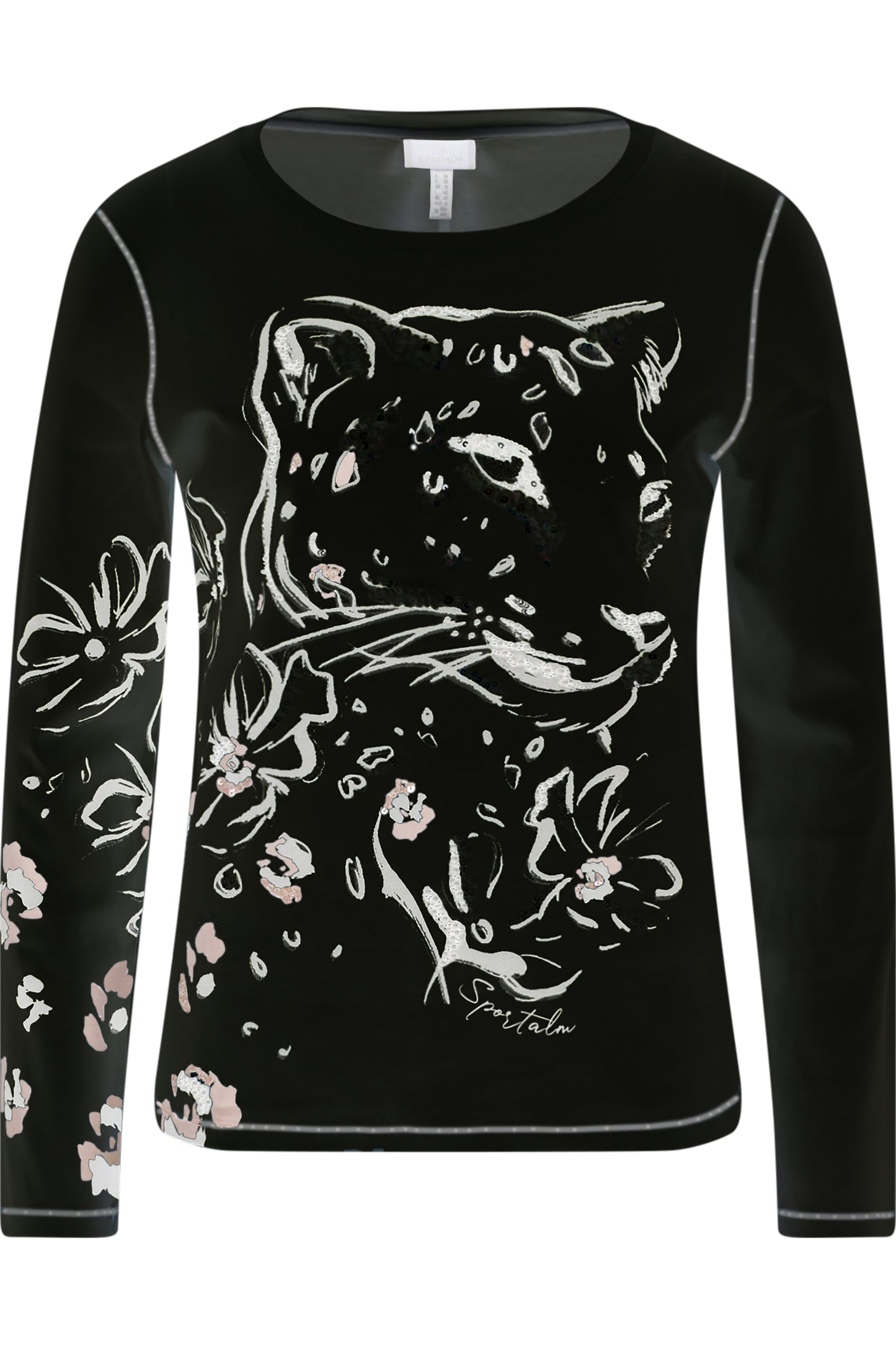 亮片裝飾豹子印花圓領T恤