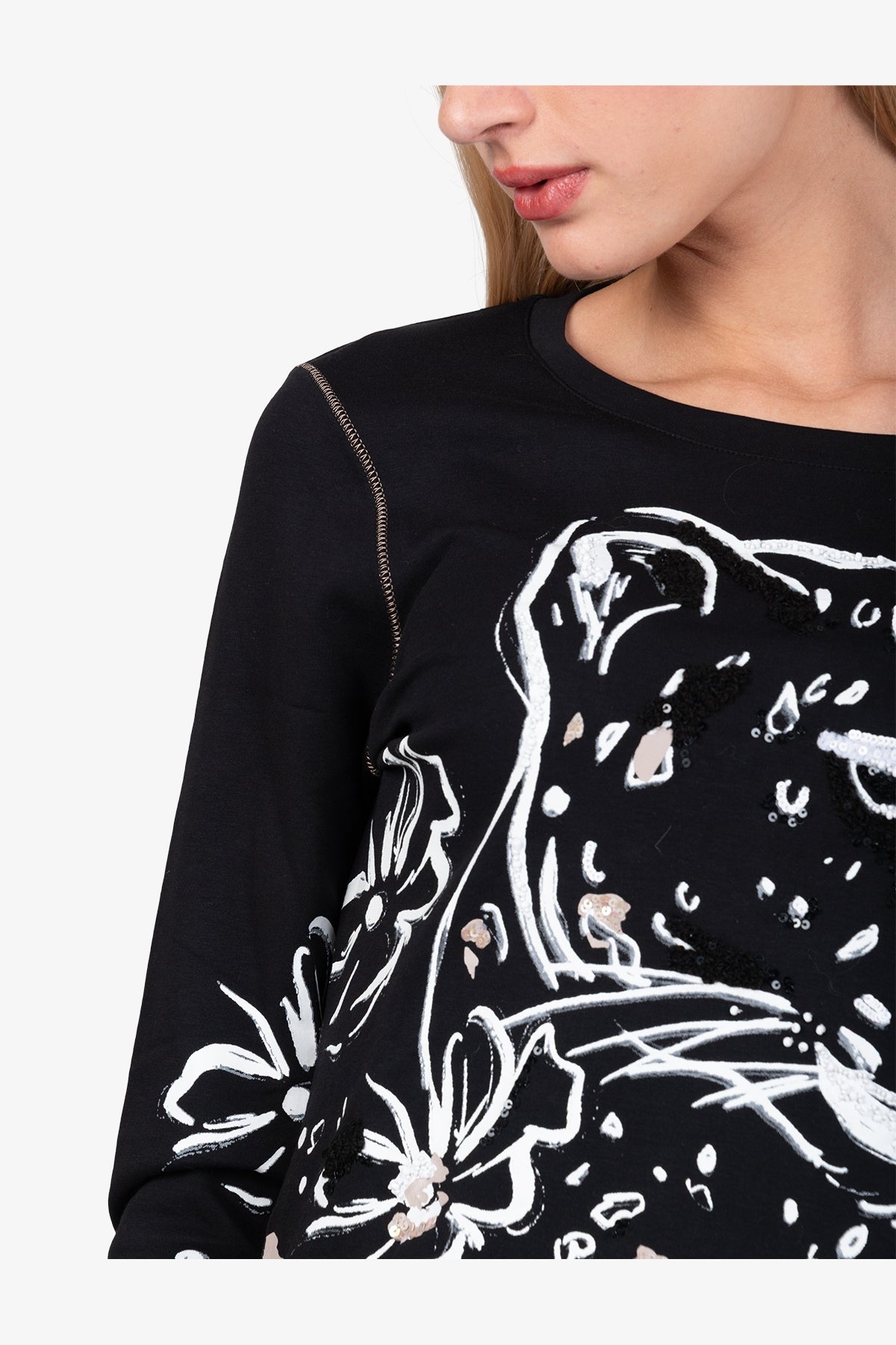 亮片裝飾豹子印花圓領T恤